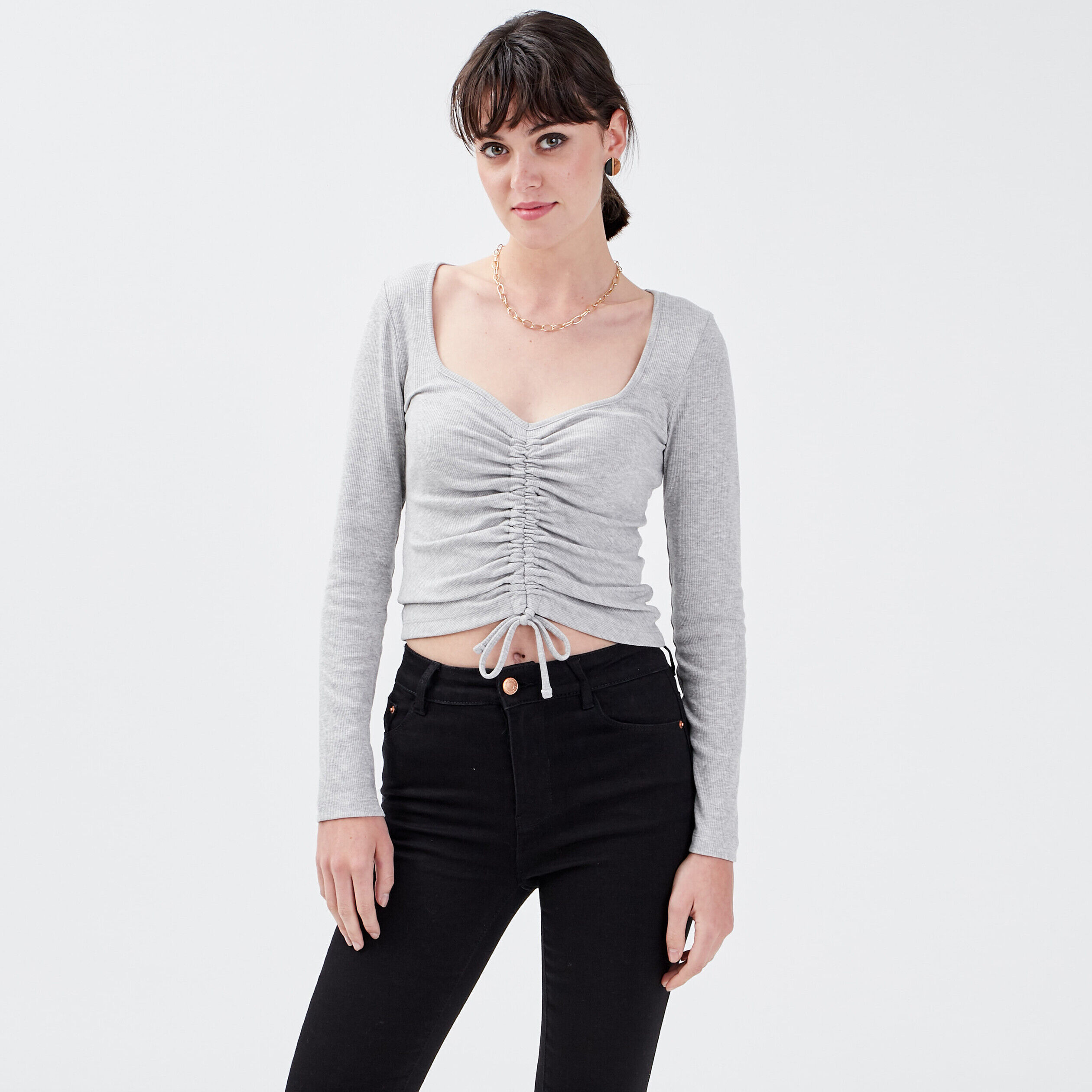 T-shirt manches longues gris clair femme | Cache Cache
