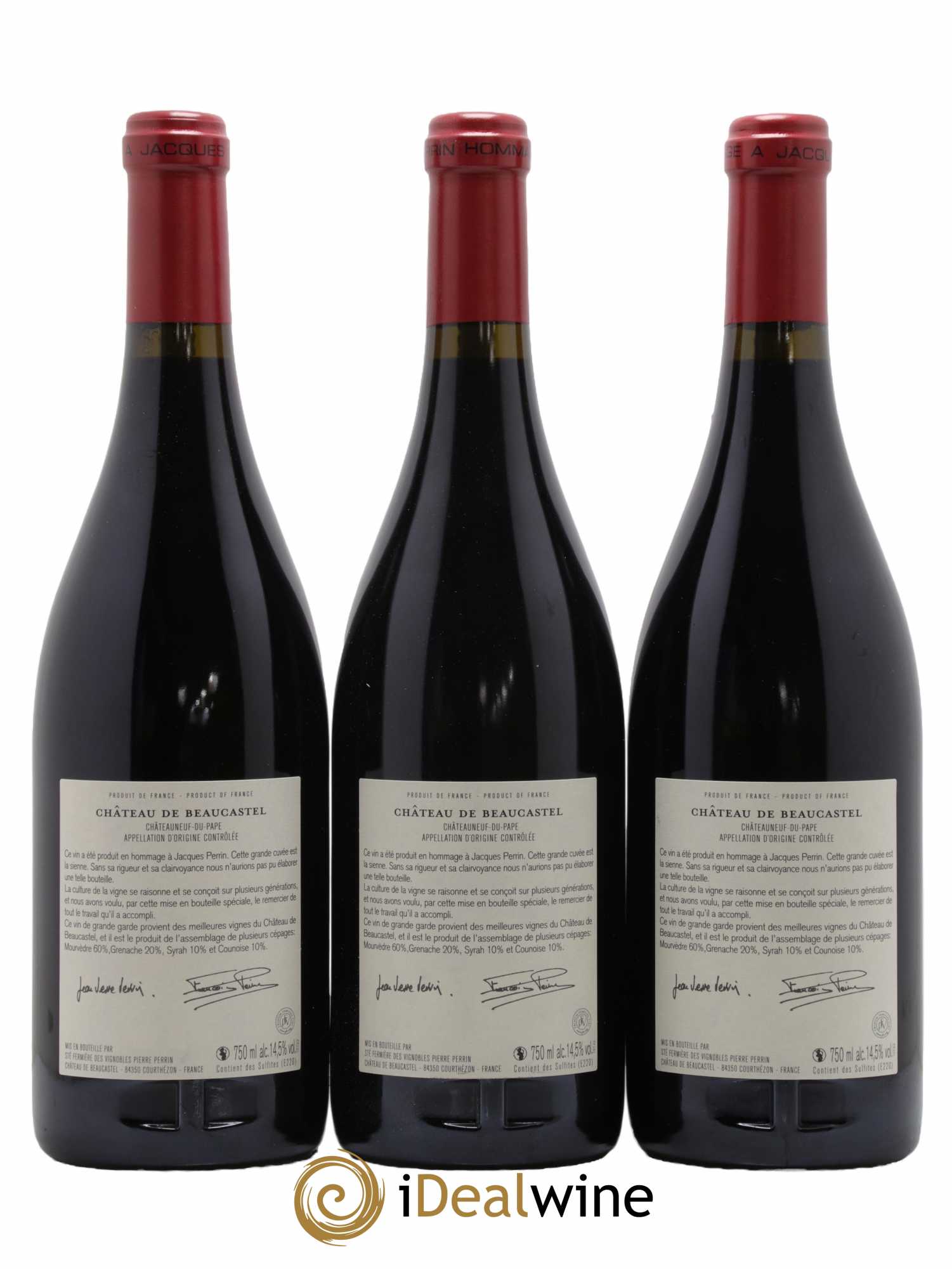 Châteauneuf-du-Pape Château de Château de Beaucastel Hommage à Jacques Perrin Famille Perrin  2015 - Lot de 3 Bouteilles