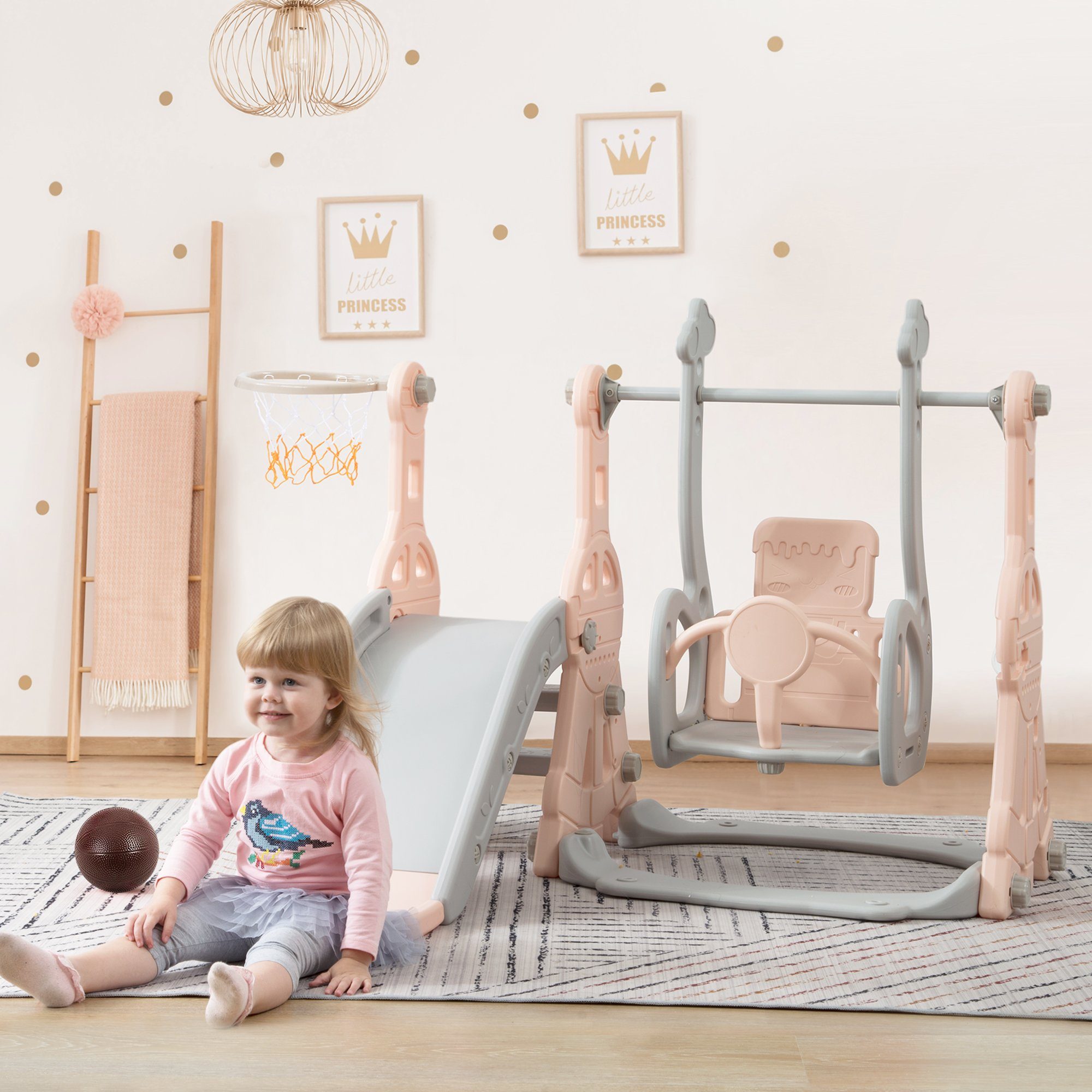 REDOM Indoor-Rutsche 4 in 1 Rutsche Kinderrutsche Fun-Slide Schaukel mit Basketballkorb, (Schaukel Rutsche Gartenrutsche mit Rutschbahn), für 1-6 Jahre Kinder Indoor & Outdoor