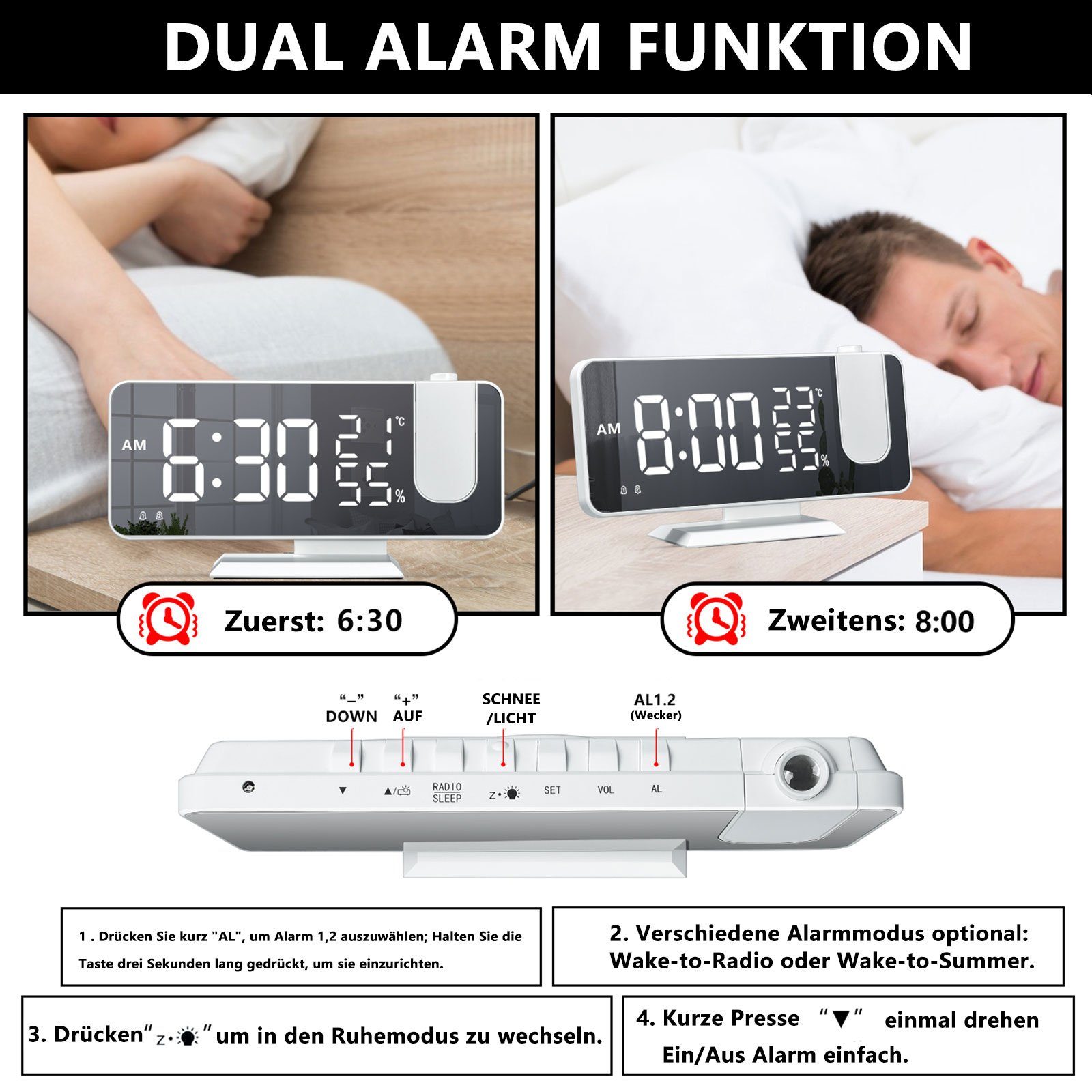 REDOM Projektionswecker Digital Wecker Radiowecker Digitalwecker Projektion LED Alarm Radio ohne Akku Projektion 180 ° Dual-Alarm Temperatur 12/24H USB-Anschluss
