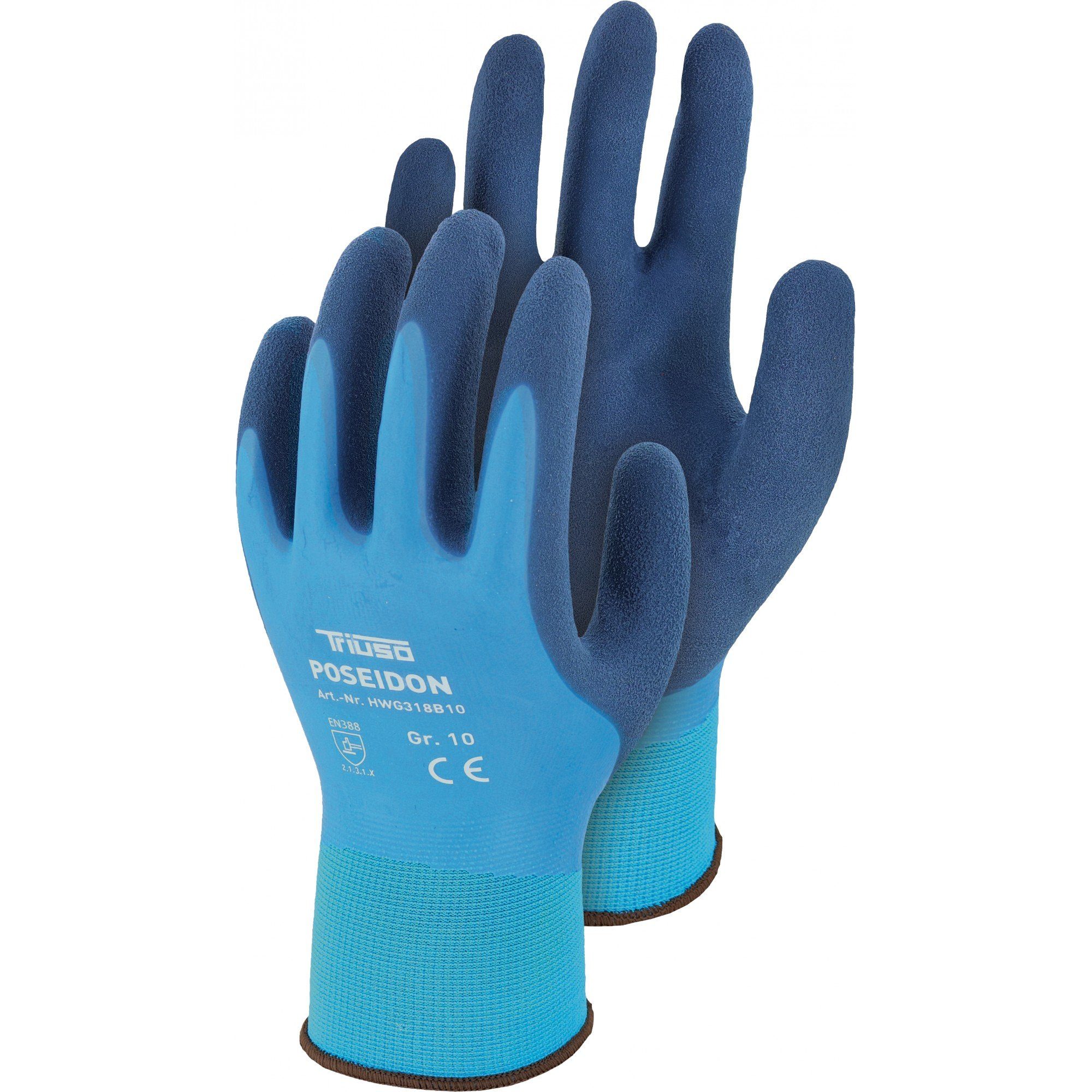 Triuso Arbeitshandschuhe Nylon-Handschuh Poseidon mit Latex-Beschichtung wasserdicht, Schutz vor schwachen Säuren, Alkoholen