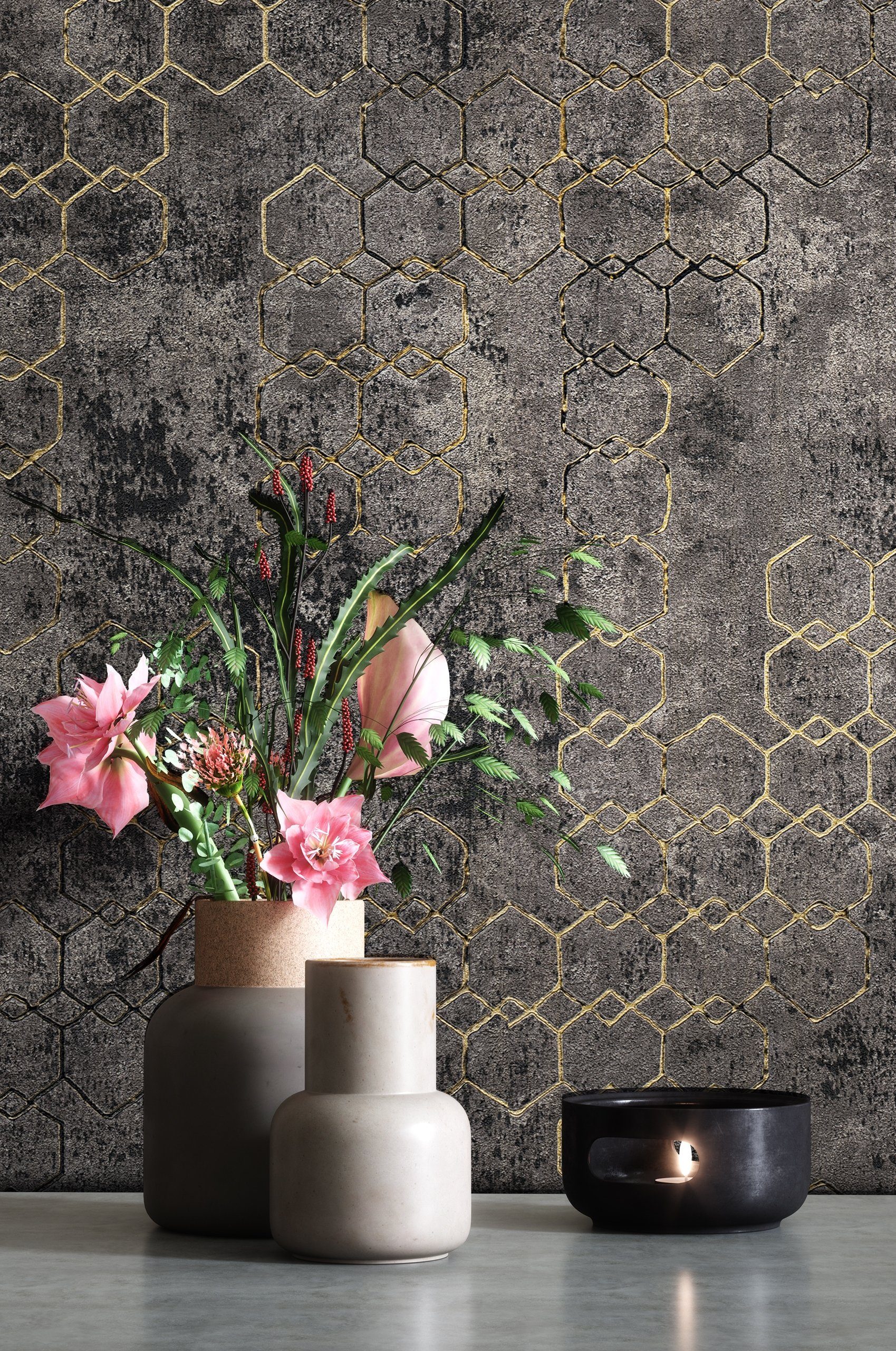 Newroom Vliestapete, Schwarz Tapete Leicht Glänzend Modern - Mustertapete Metalic Gold Grau Hexagon Grafisch für Schlafzimmer Wohnzimmer Küche