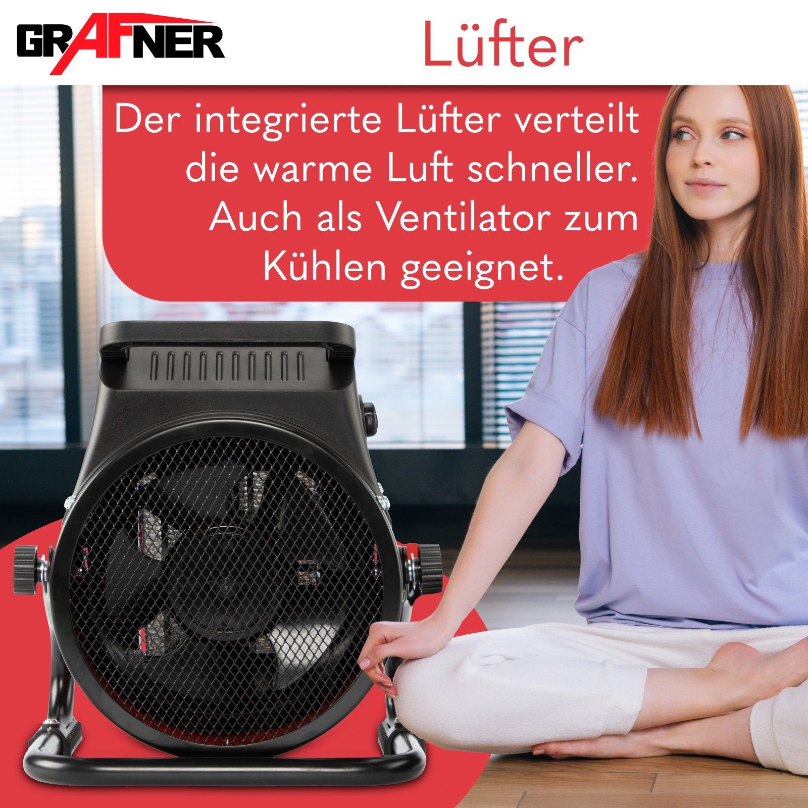Grafner Heizgerät 2000 W Baustellen Heizlüfter Heizgebläse 2 kW Keramik Elektroheizung, 2000 W, mit Thermostat und Tragegriff