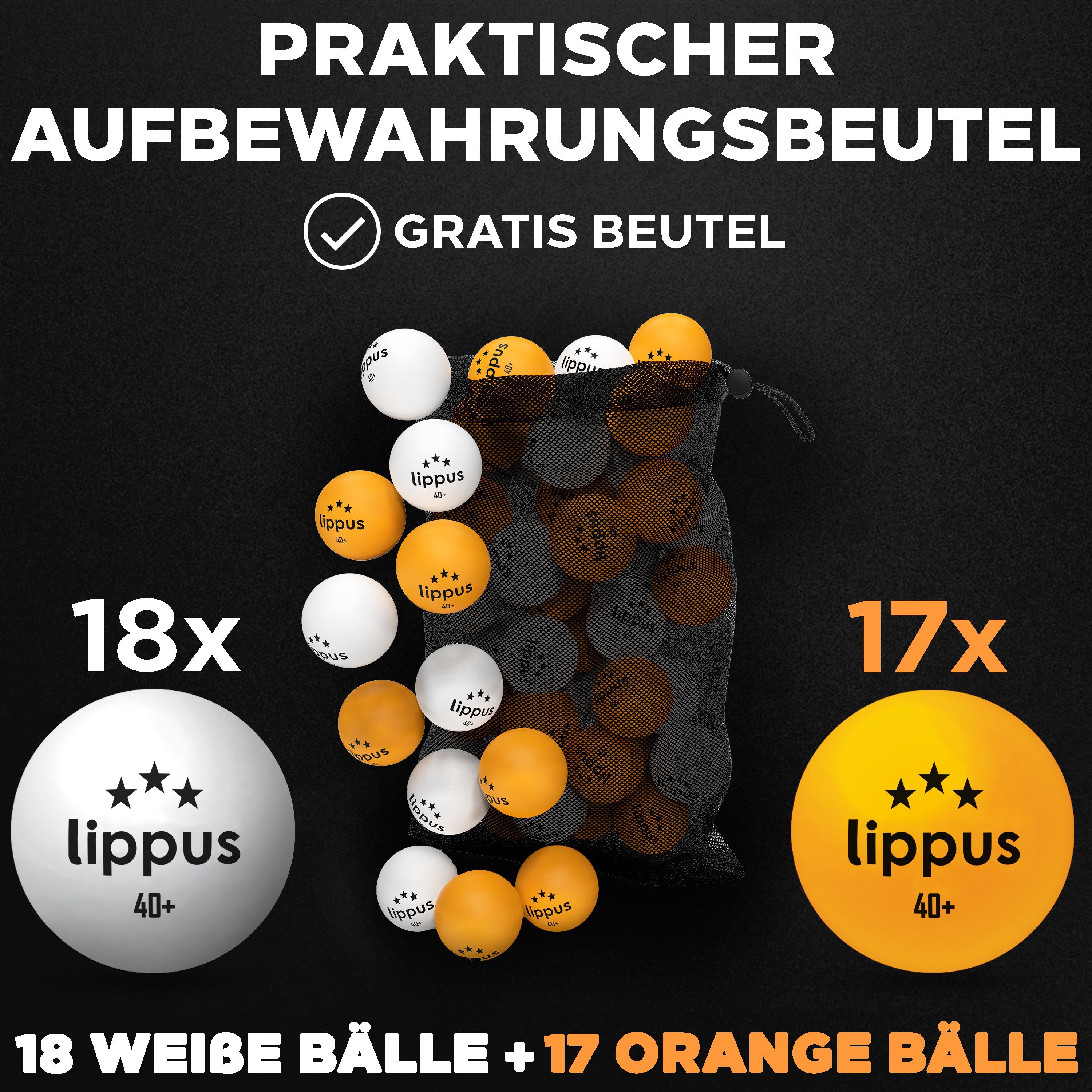 lippus Tischtennisball 3 Stern [35 Stück] SET – 18 Weiße & 17 Orange Tischtennis Bälle, Tischennisball 3 Sterne, Aufbewahrungsbeutel