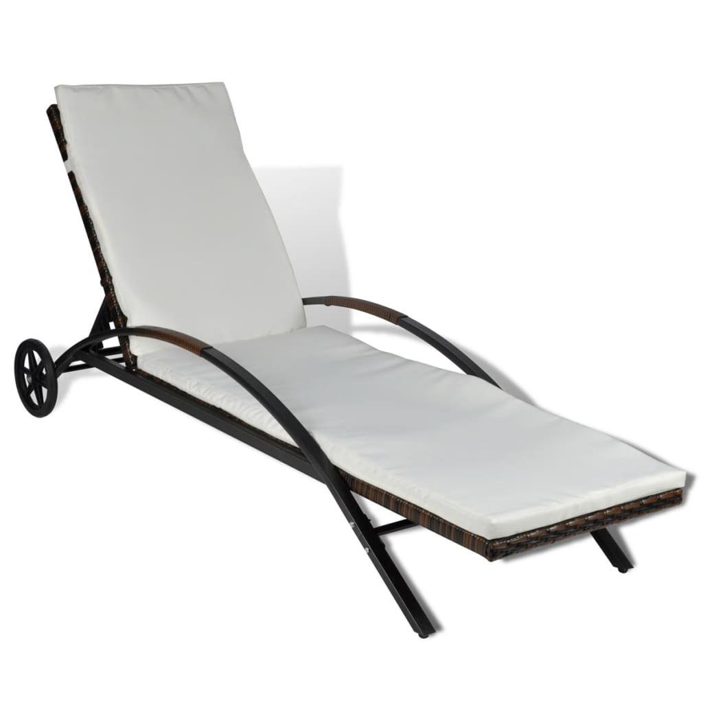 vidaXL Gartenliege Sonnenliege mit Polster & Rollen Poly Rattan Braun, 1 St.