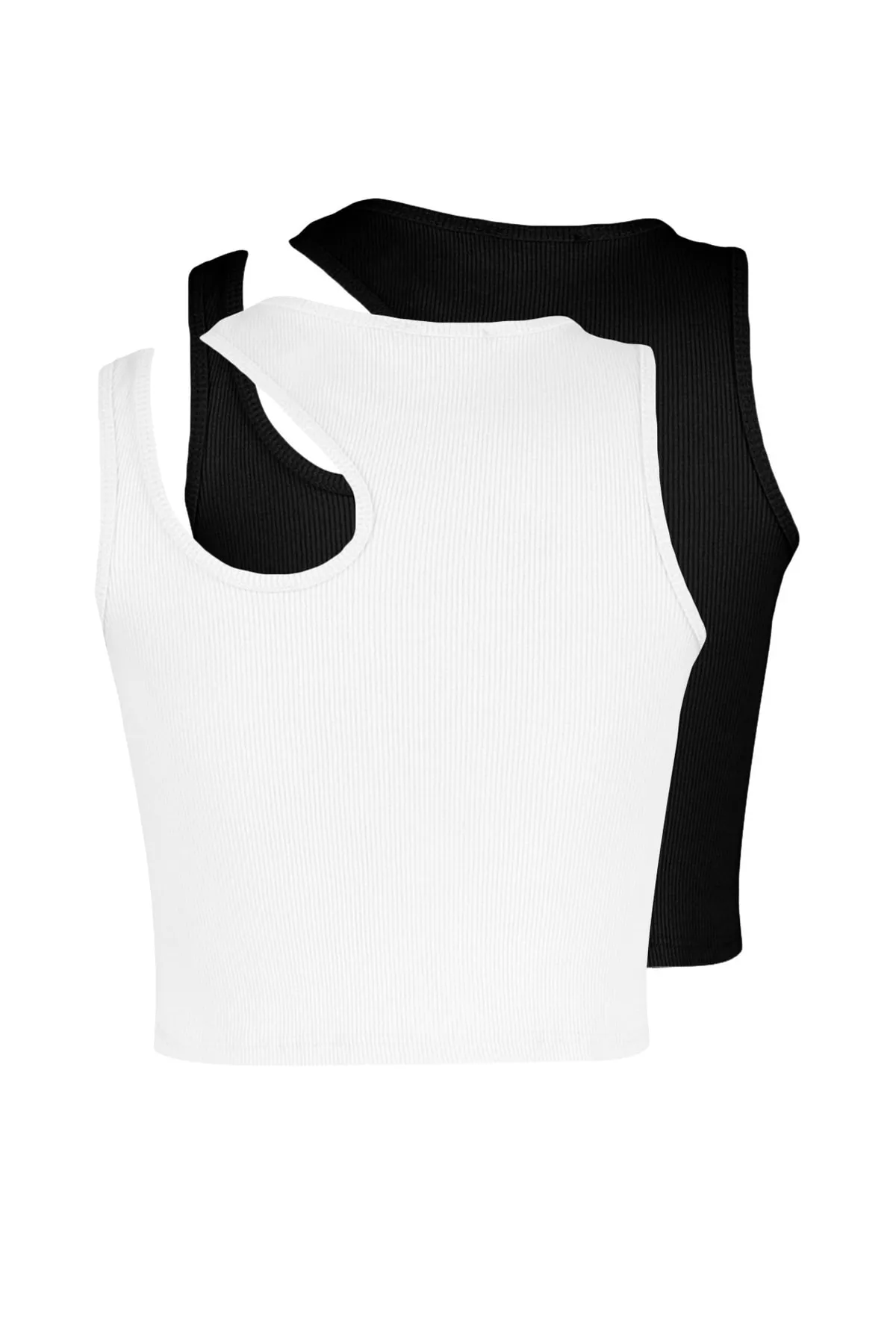 Trendyol Collection  Schwarz-weißes 2er-Pack tailliertes, kurzes, geripptes, flexibles Strick-Tanktop mit Cut-Outs TWOSS23AL00006