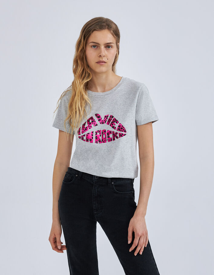 Tee-shirt gris message forme bouche Femme
