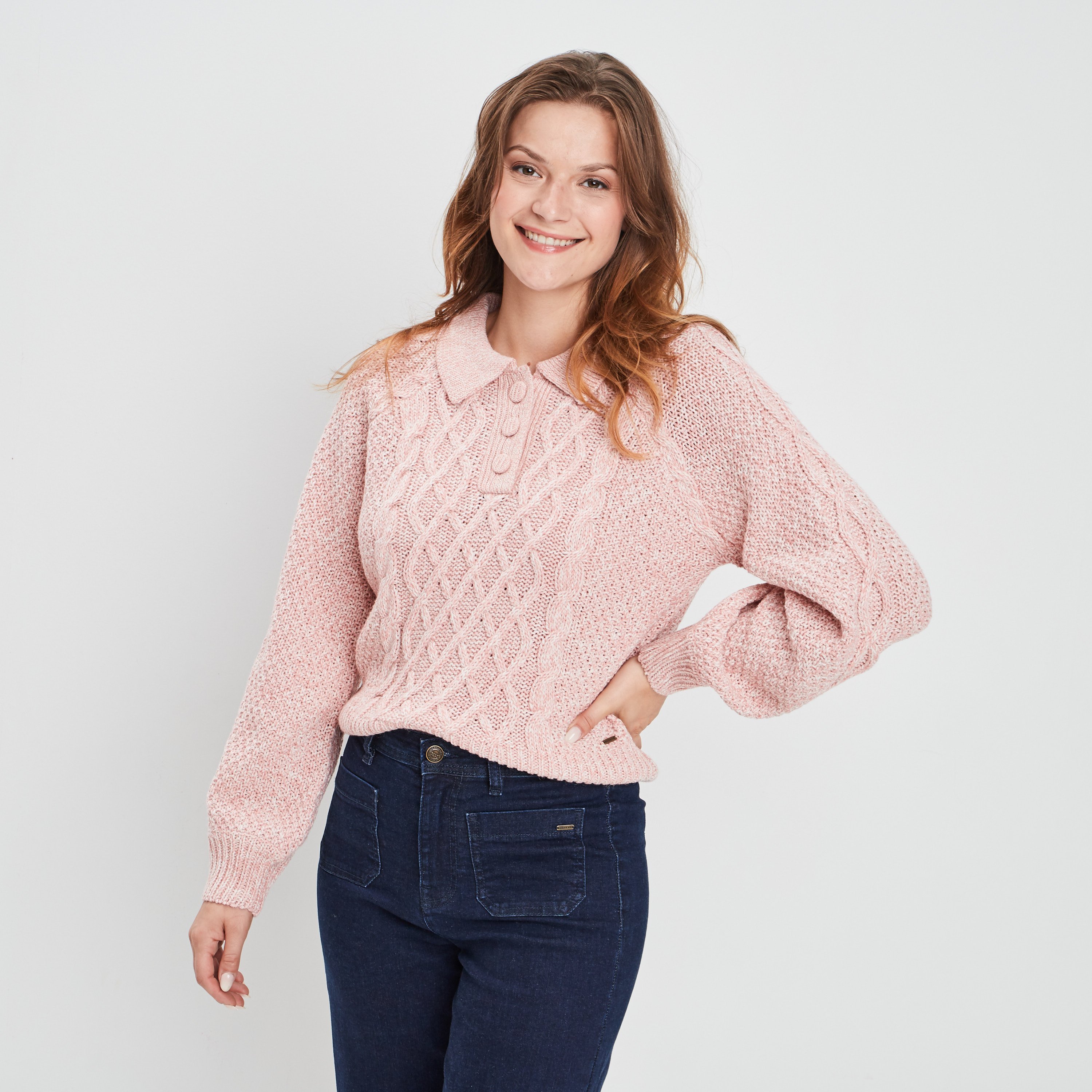 Pull à col polo boutonné rose femme | La Halle