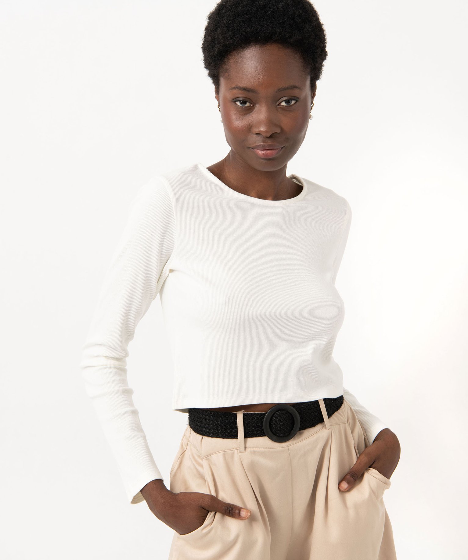 Tee-shirt court à manches longues en maille ctelée femme ecru | GEMO