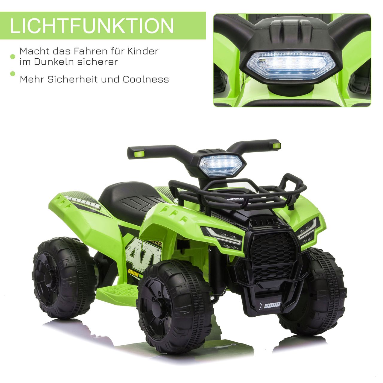 HOMCOM Mini Elektro-Quad Kinder Elektro ATV Kinderwagen LED Frontlicht Kinderfahrzeug Kindermotorrad Elektroquad für 18-36 Monate Kinder Metall PP-Kunststoff Grün 66 x 44 x 42 cm