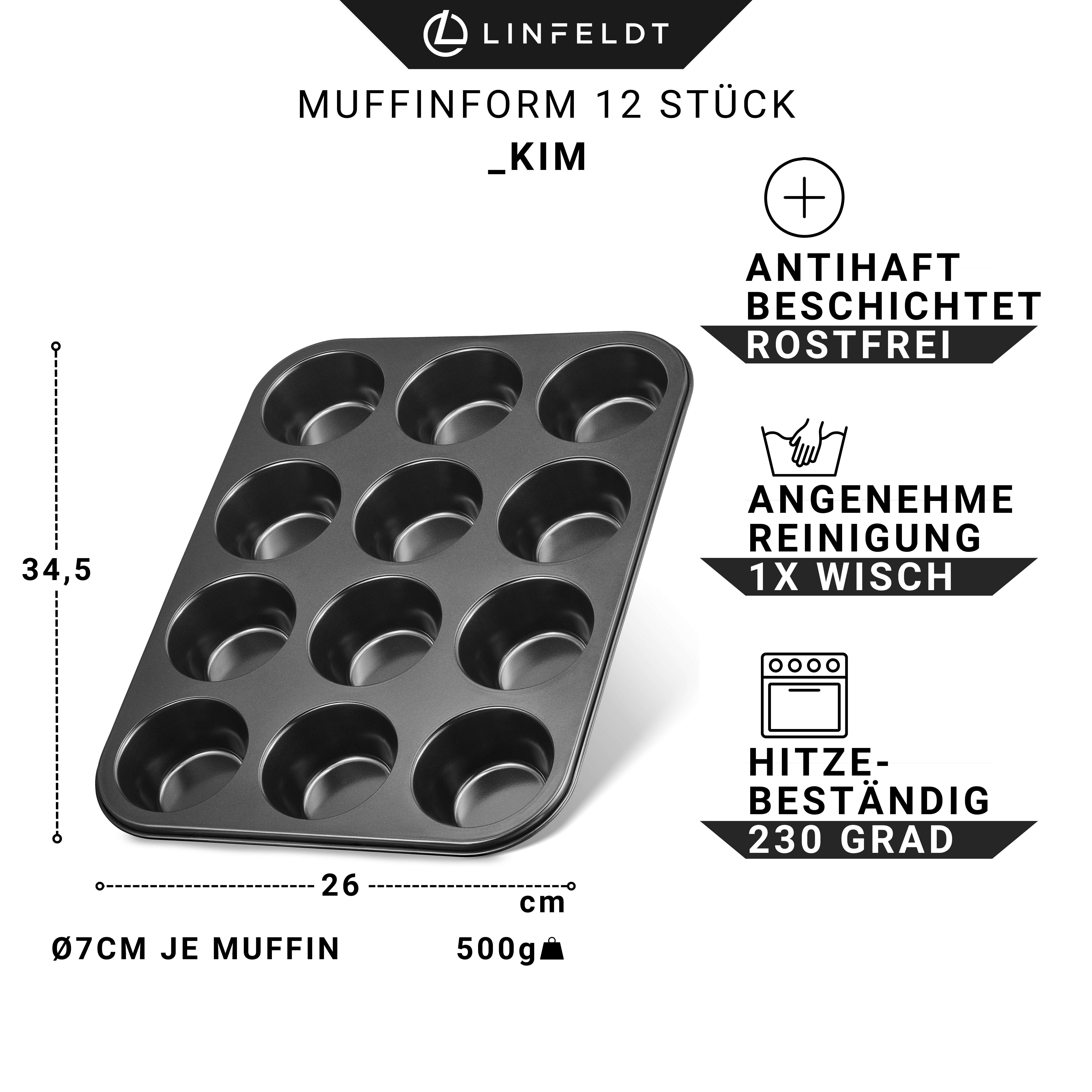 LINFELDT Muffinform 12er Backform Antihaftbeschichtet ⌀ 7cm Breite Muffins 34,5x26x3,5cm, Teflon - Beschichtung