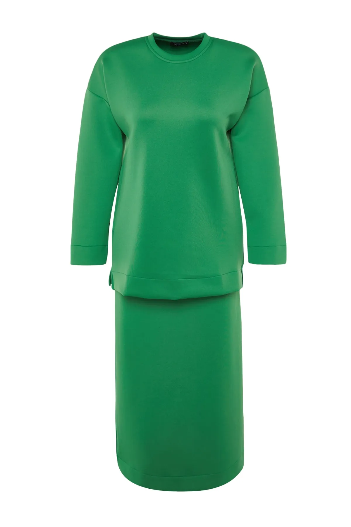 Trendyol Modest  Grünes Scuba-Tunika-Rock-Strickset mit Schnürdetail auf der Vorderseite TCTSS23US00013