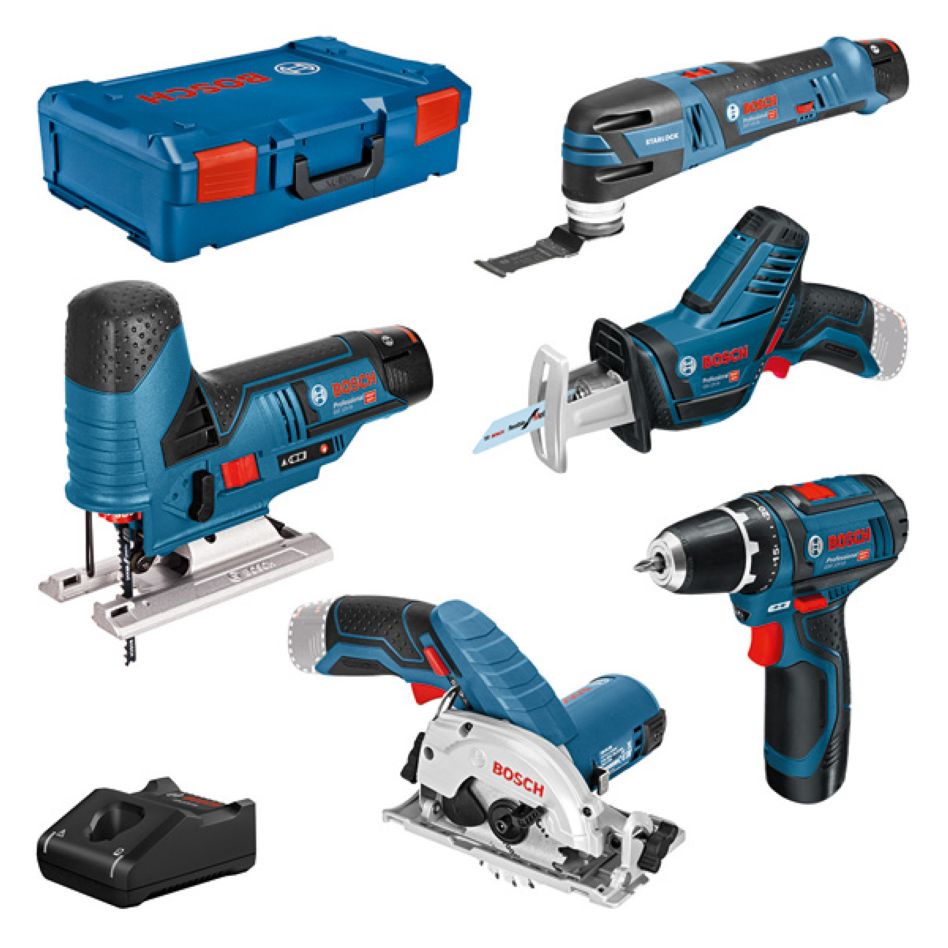 Bosch Blue 0615A0017C 5 Κιτ εργαλείων 12V - ασύρματο δράπανο + κυκλικό πριόνι + σέγα + σπαθόπριον + πολυεργαλείο 12V 3 x 3.0Ah σε XL-Boxx