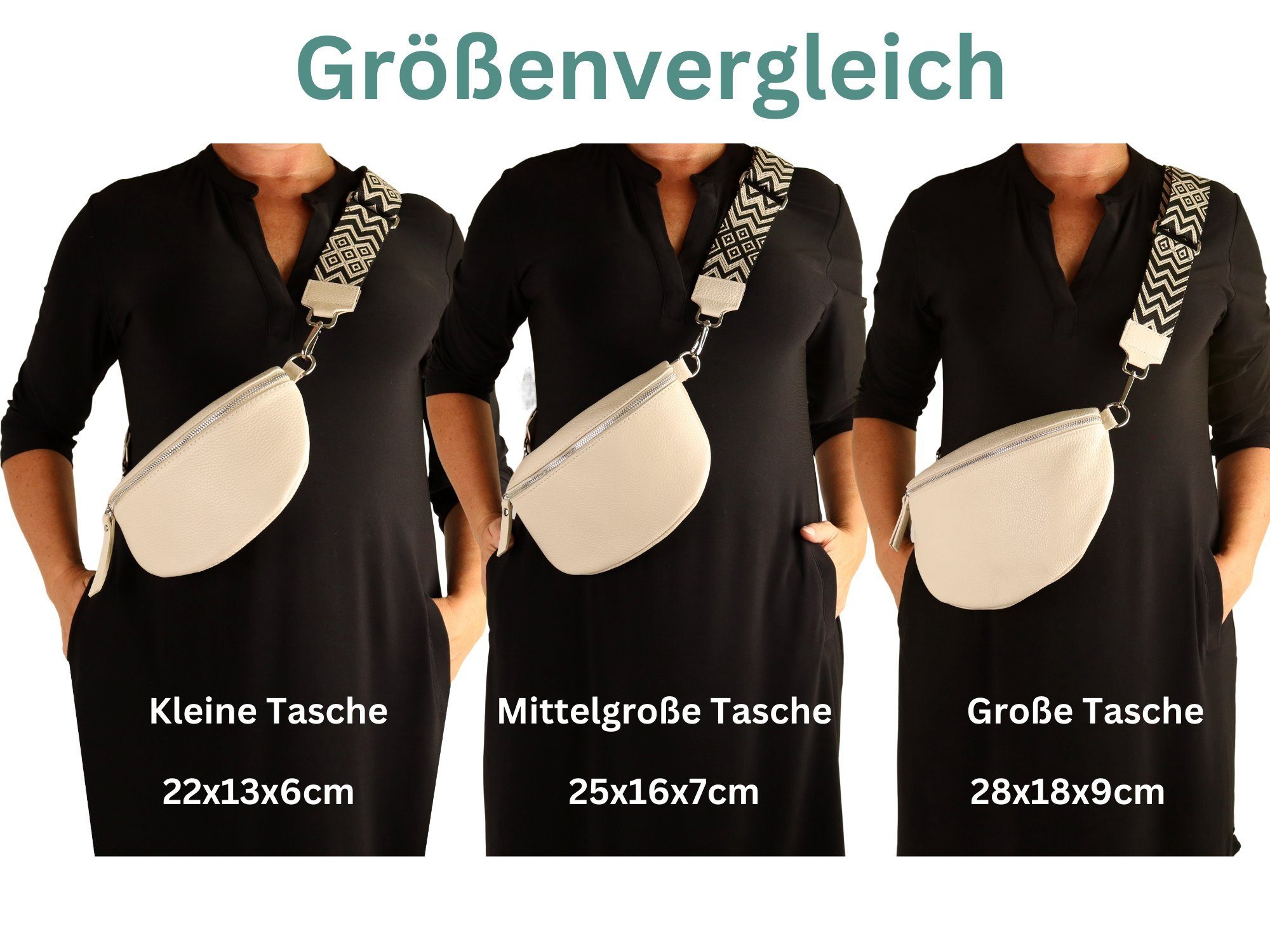 MIRROSI Bauchtasche Damen, Echtleder, Made in Italy, Umhängetasche, Brusttasche, (Schultertasche für jeden Anlass (1 Tasche & 2 Gurte), Crossbody Bag, Schwarz, gemusterten& verstellbaren Schulterriemen