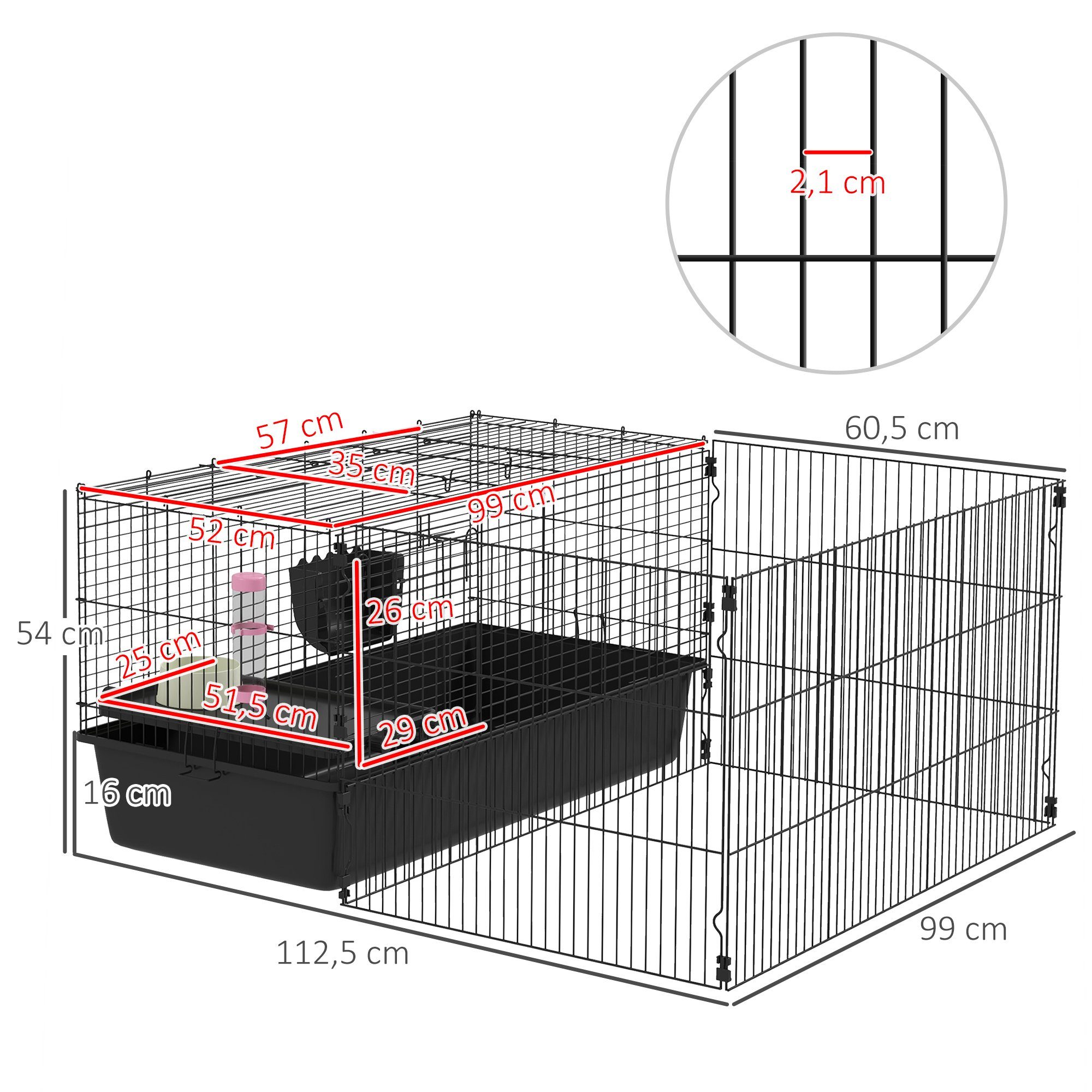 PawHut Kleintierkäfig Kleintierkäfig Nagerkäfig mit Zubehör Kleintierstall Stahl Schwarz, 112.5L x 99B x 54Hcm