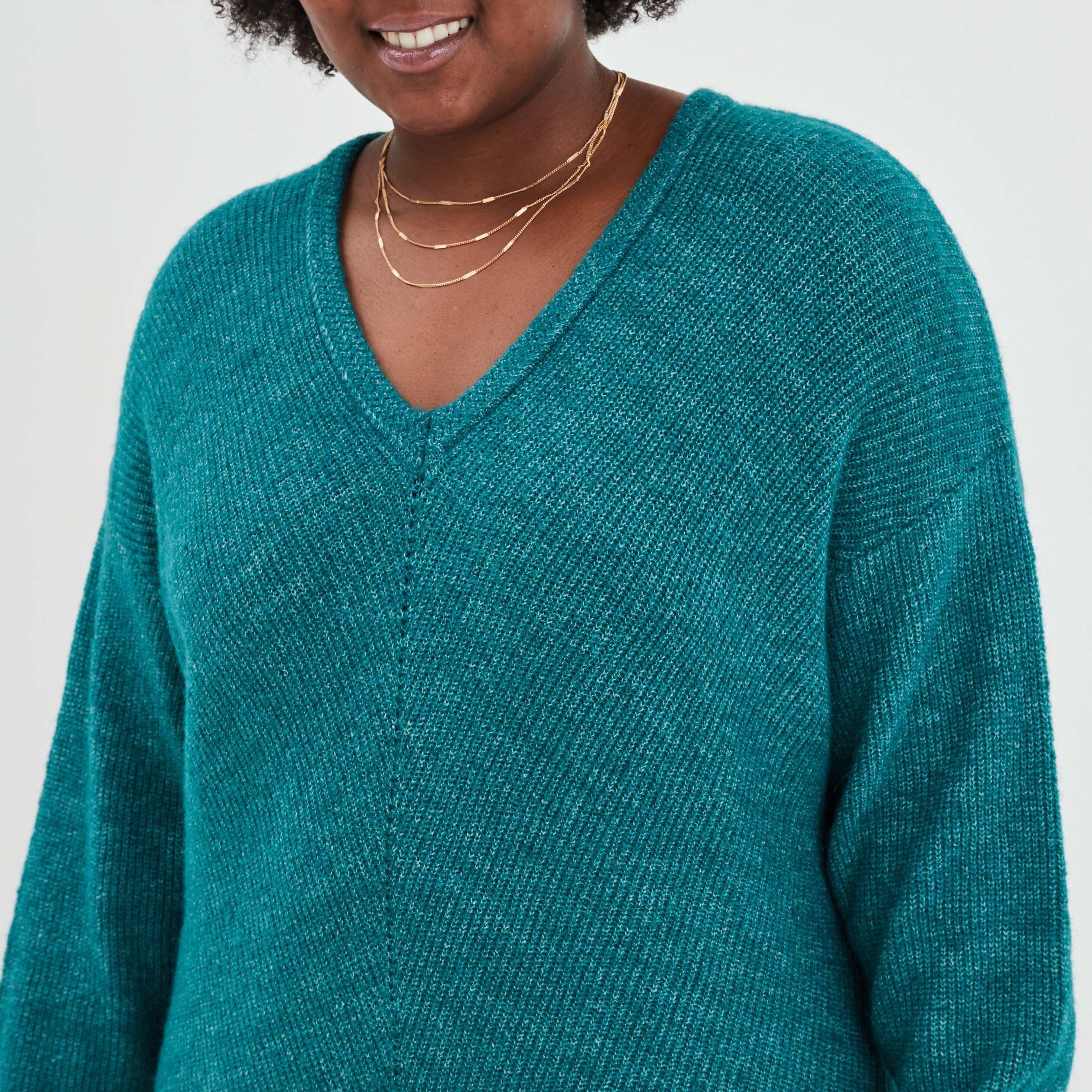 Pull manches chauves-souris col en V bleu canard femme grande taille | La Halle