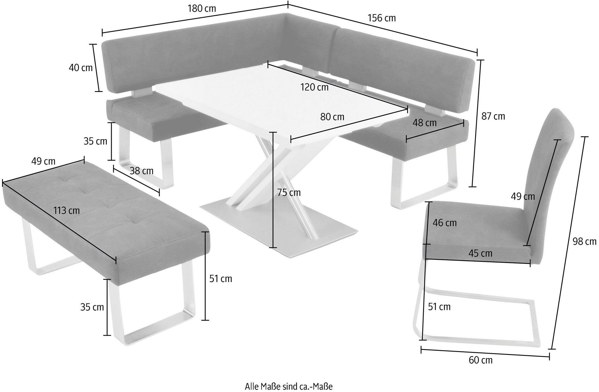 K+W Komfort & Wohnen Eckbankgruppe Santos II, (Set), Schenkel 180cm, Hockerbank, Freischwinger und Funktionstisch 120x80x75