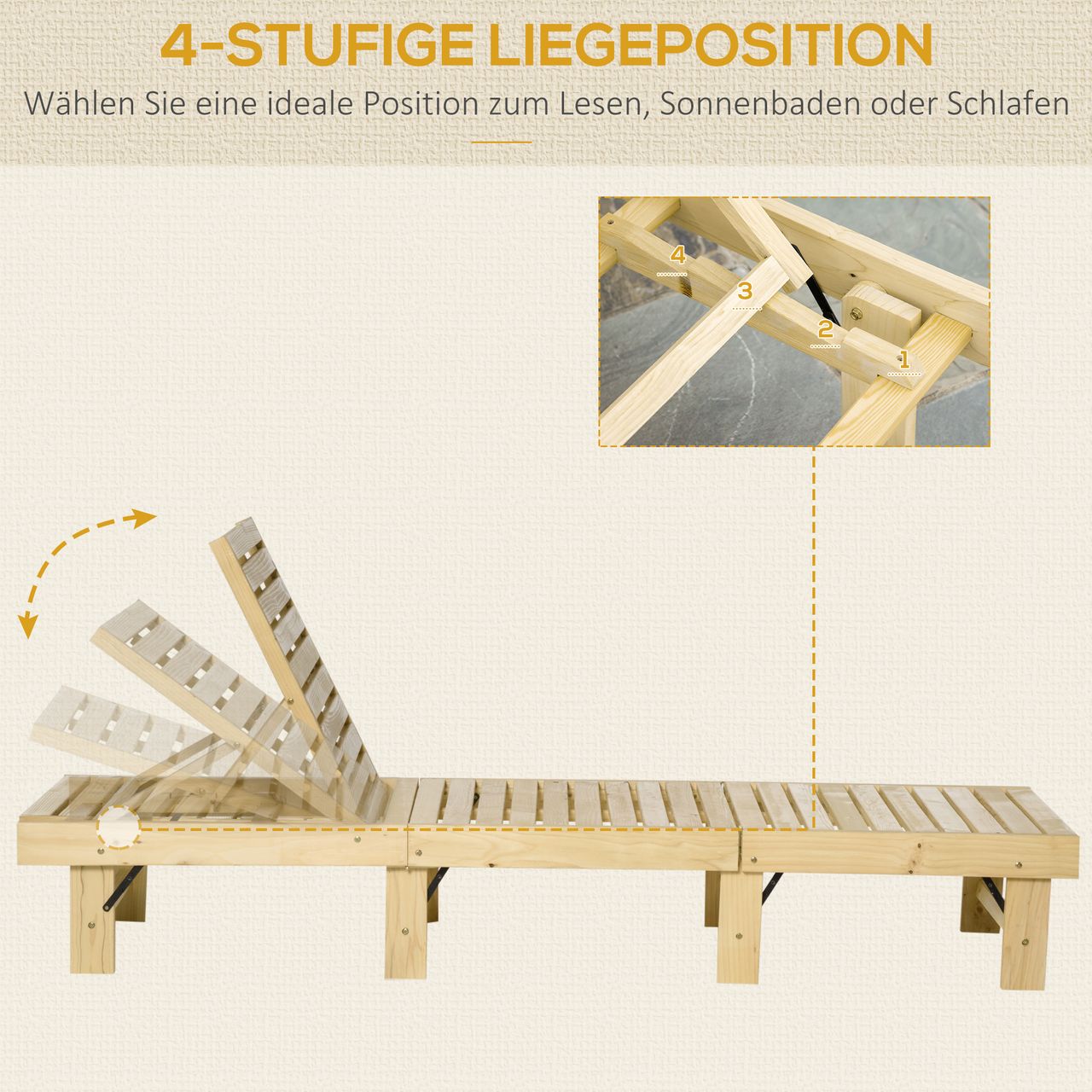 Outsunny 4-Stufen Gartenliege Sonnenliege Liegestuhl Gartenmöbel Garten klappbar verstellbar Kiefernholz Natur 195 x 59 x 30 cm