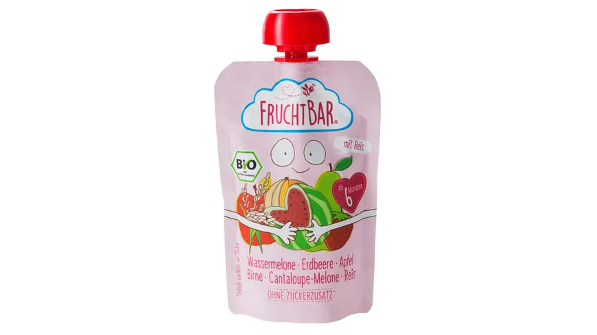 FRUCHTBAR Quetschie Wassermelone, Erdbeere, Apfel, Birne, Cantaloupe-Melone, Reis 100 g
