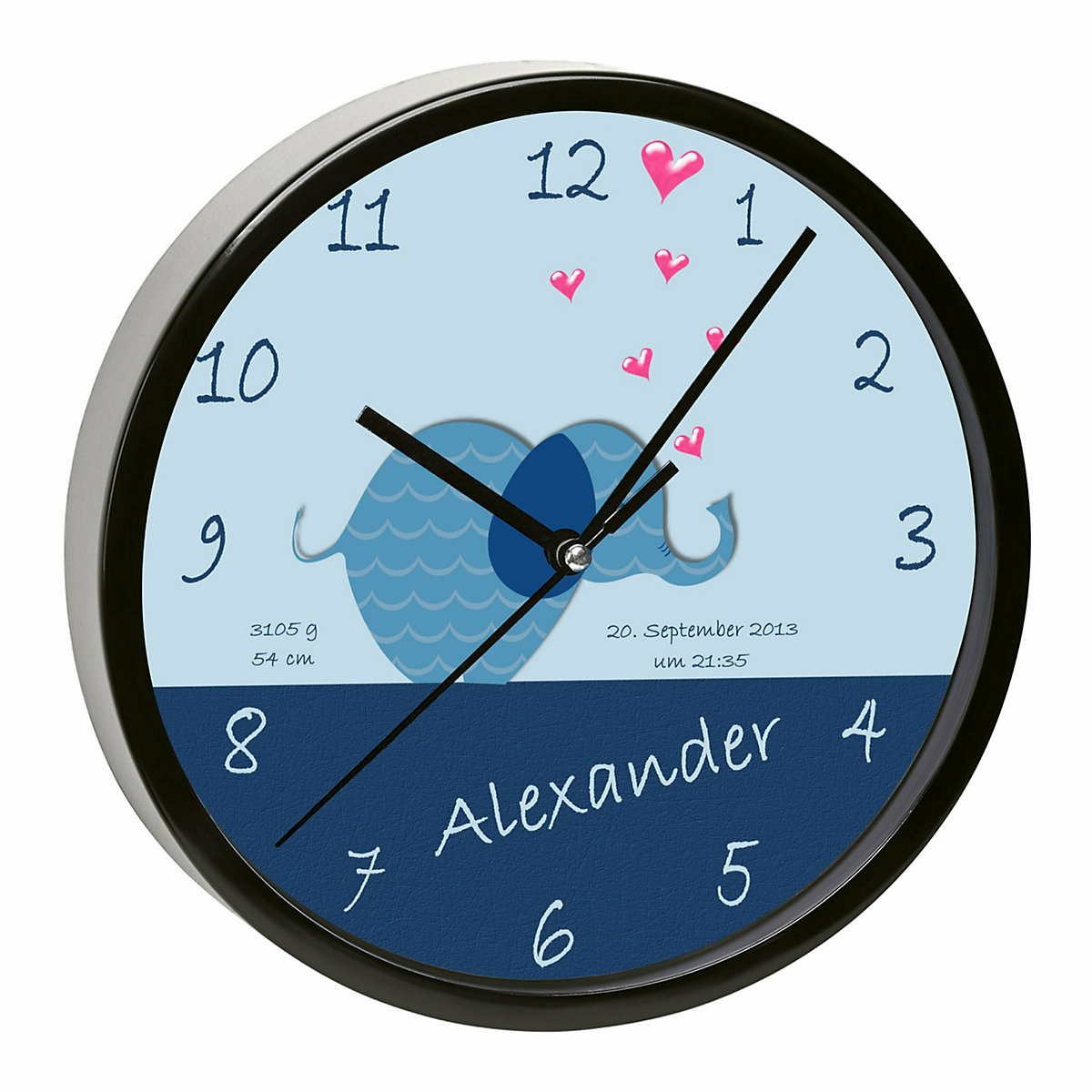 Kinder Wanduhr personalisiert mit Name Elefant blau