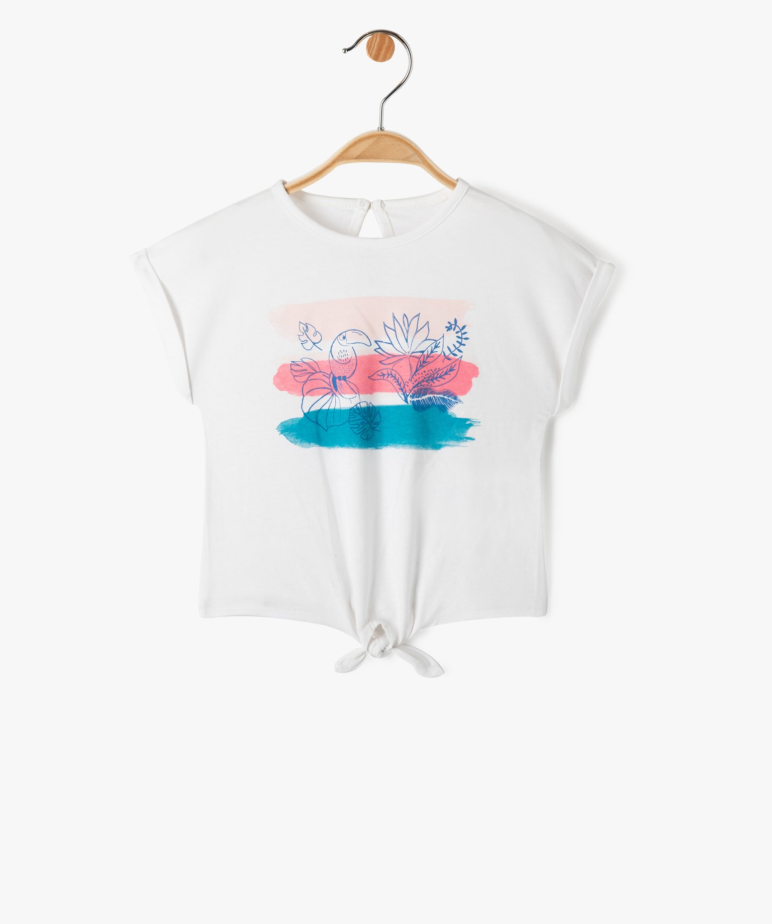 Tee-shirt bébé fille avec motif exotique et noeud dans le bas blanc | GEMO