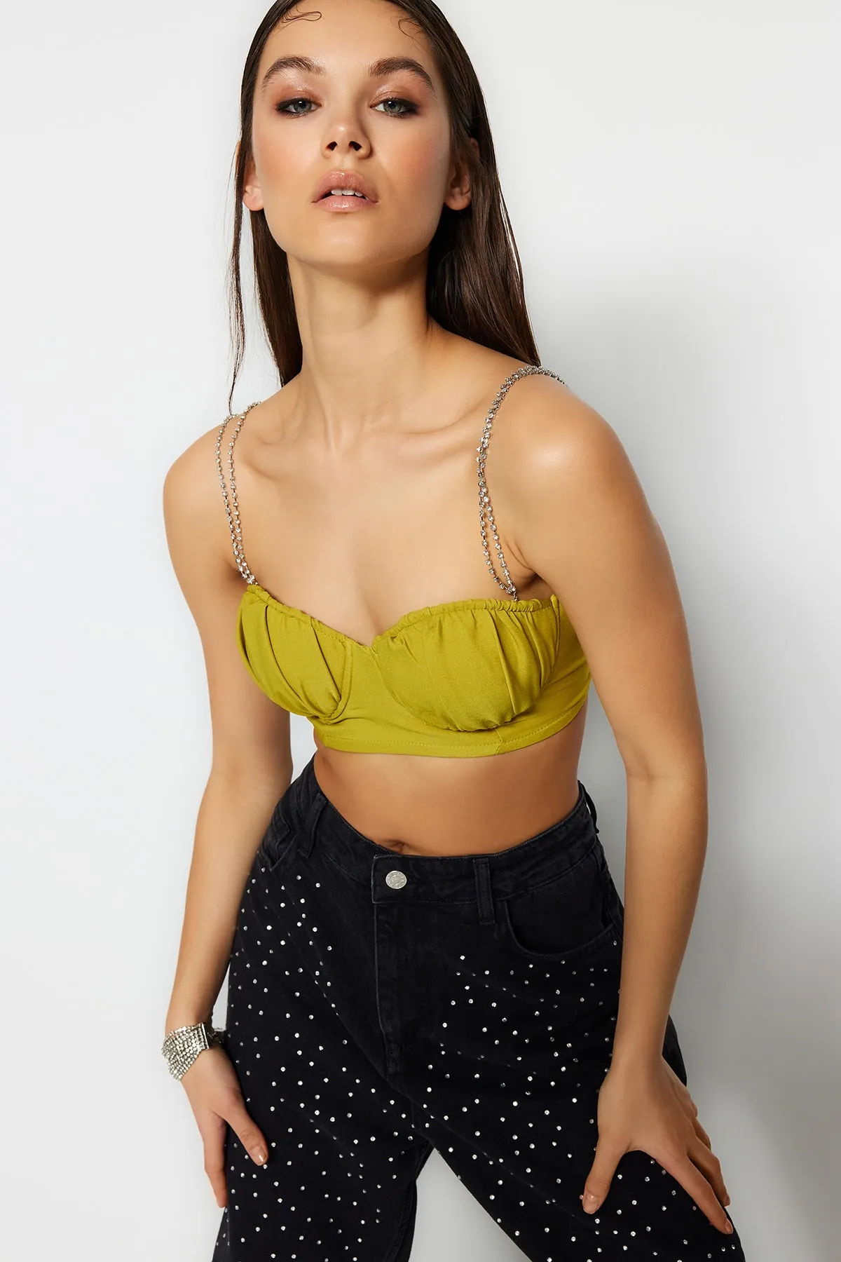 Trendyol Collection  Hellgrünes, bauchfreies, gefüttertes, gewebtes Bustier mit glänzendem Stein TPRSS23BS00047