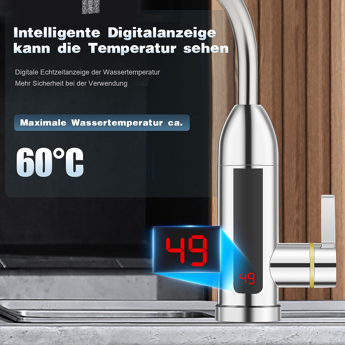iscooter Klein-Durchlauferhitzer Elektrisch Temperaturanzeige einstellbar schwenkbar Wasserhähnen, Temperaturanzeige 30-60 ℃, IPX4 Küchenarmatur