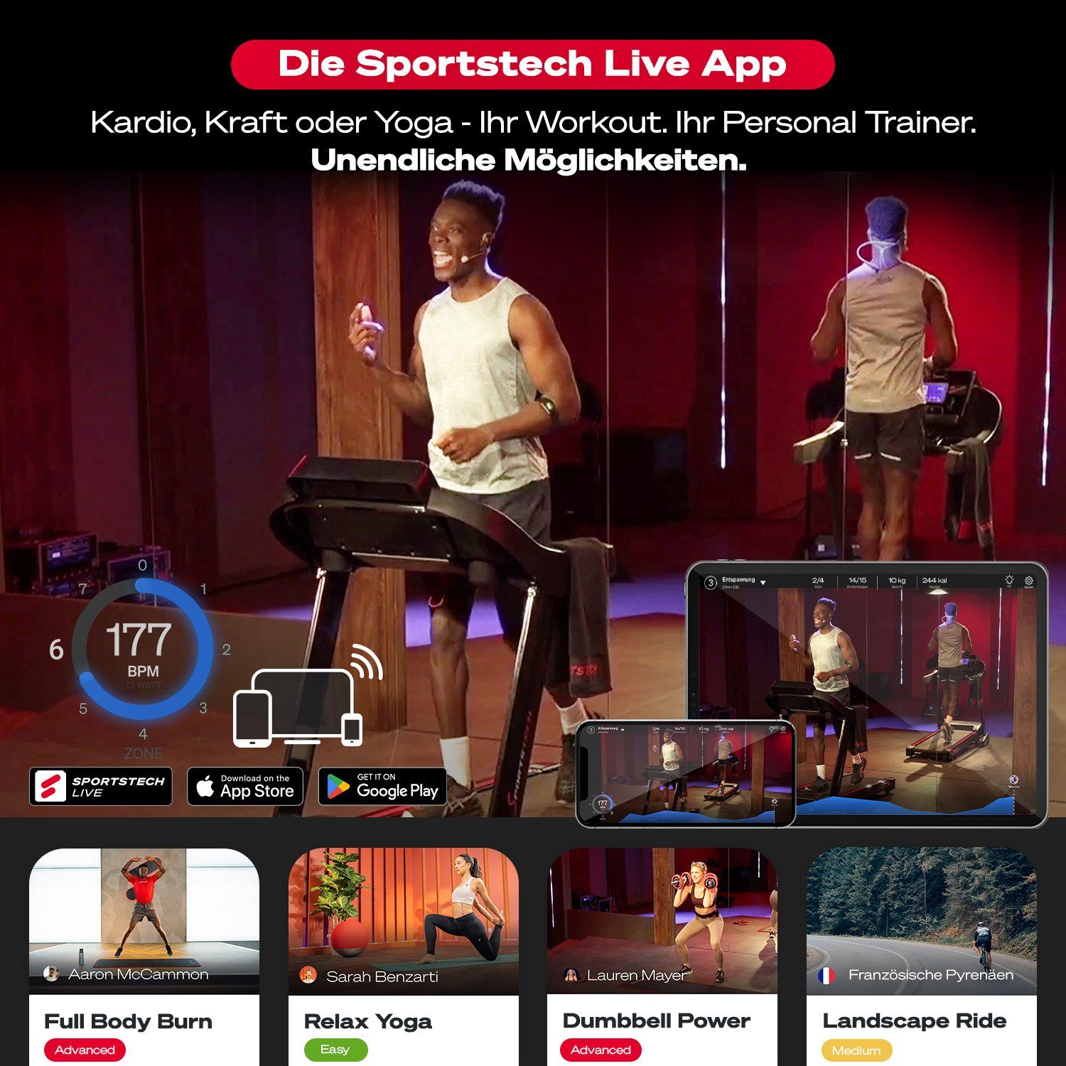 Sportstech Laufband F31s, 12 Trainingsprogramme, 5 Zoll Display, 5-lagige
