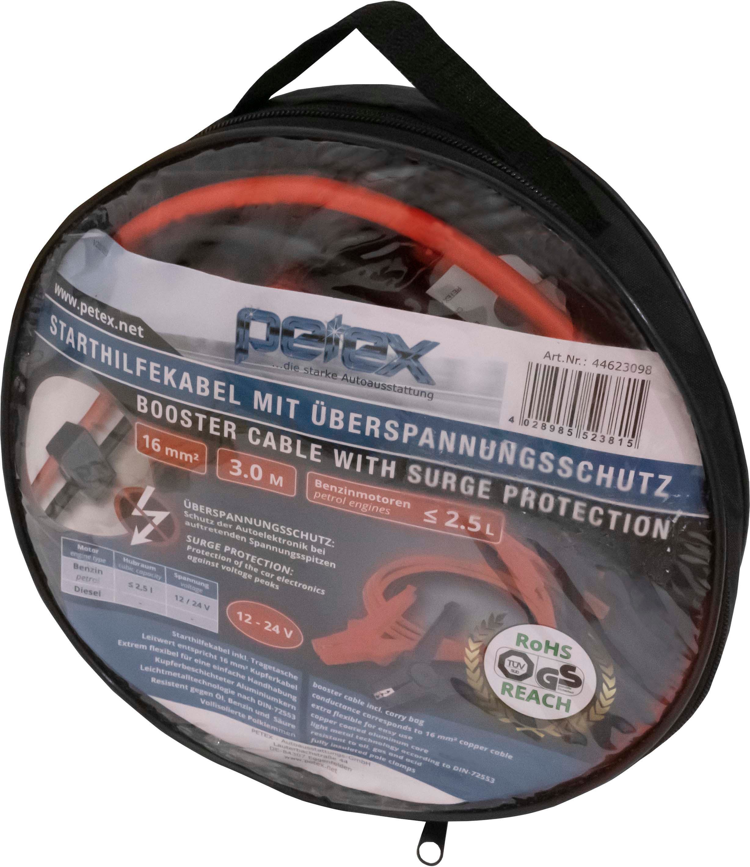 Petex Starthilfekabel, (300 cm), 16 mm², 3 Meter, mit Überspannungsschutz, Nennspannung: 12 - 24 Volt