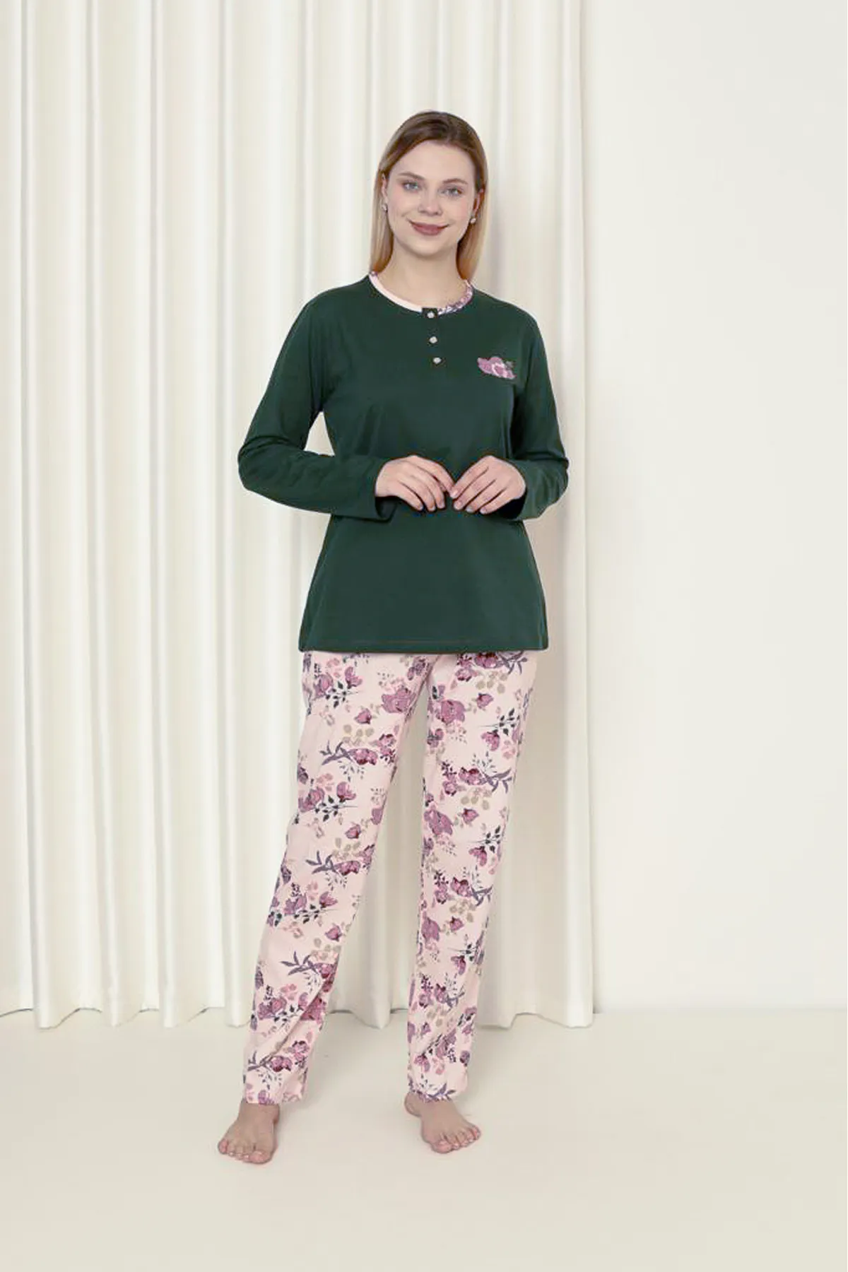 AHENGİM  Damen-Pyjama-Set für Damen, Single-Jersey, langärmelig, Blumenmuster, Baumwolle, saisonal, W20242241