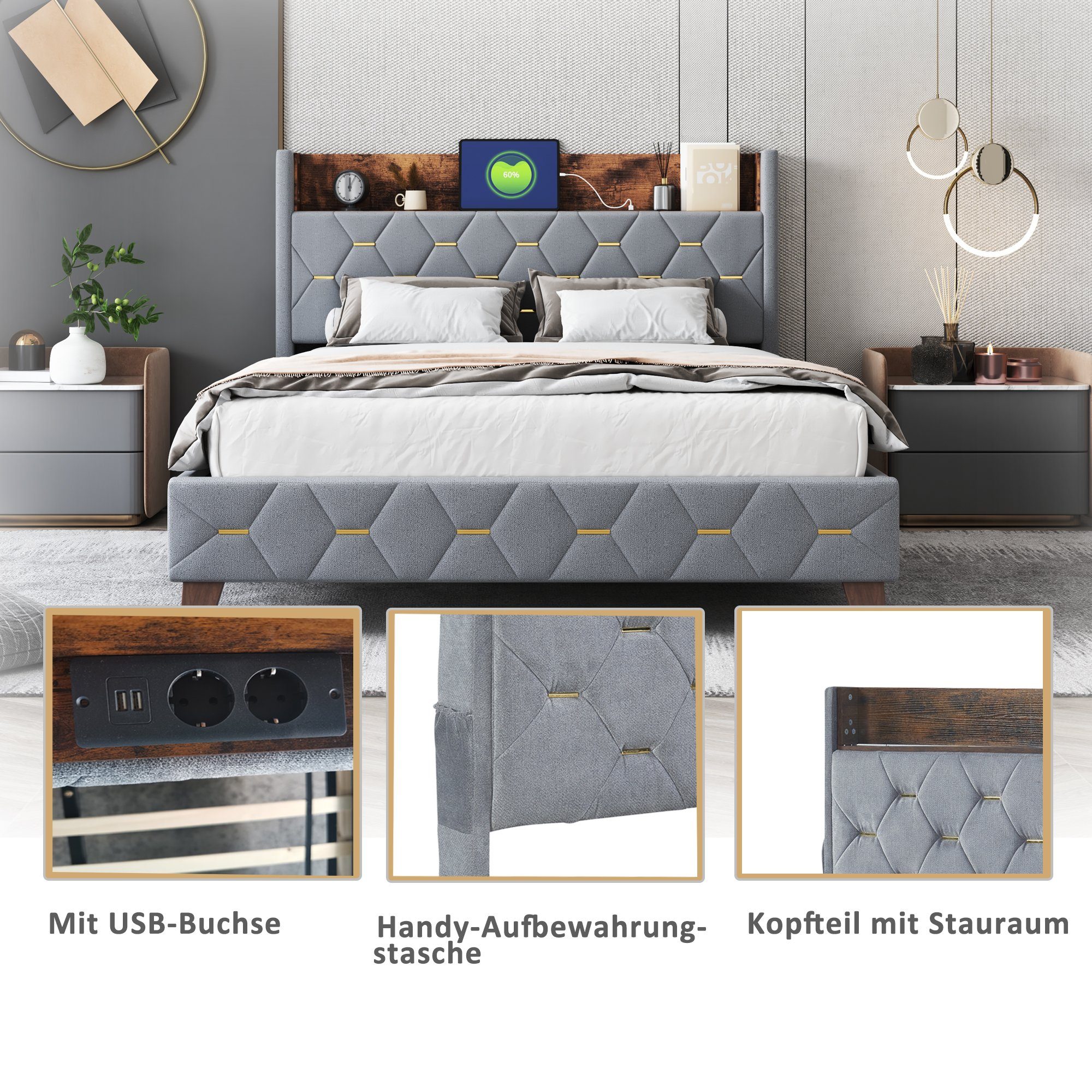 OKWISH Polsterbett Doppelbett Stauraumbett Funktionsbett Gästebett (Flachbett-Doppel-Gästebett in hautfreundlichem Kardamom-Samt 140 x 200 cm, Stauraum am Kopfteil mit USB-Anschluss), ohne Matratze