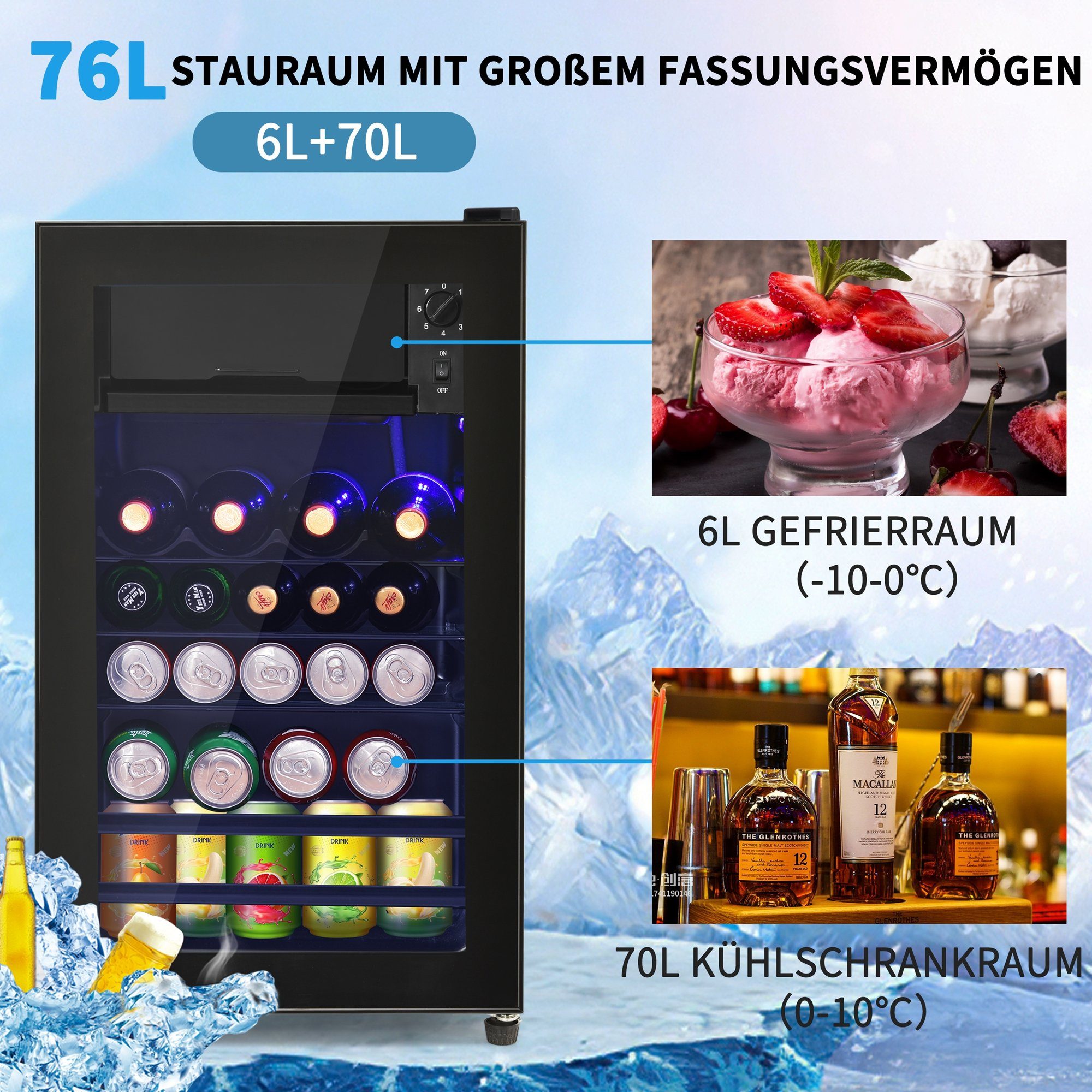 Ulife Getränkekühlschrank SC-76A, 71.6 cm hoch, 40 cm breit, höhenverstellbare Füße, Gefrierfach 6L, Kühlfach 70L, Energieklasse F