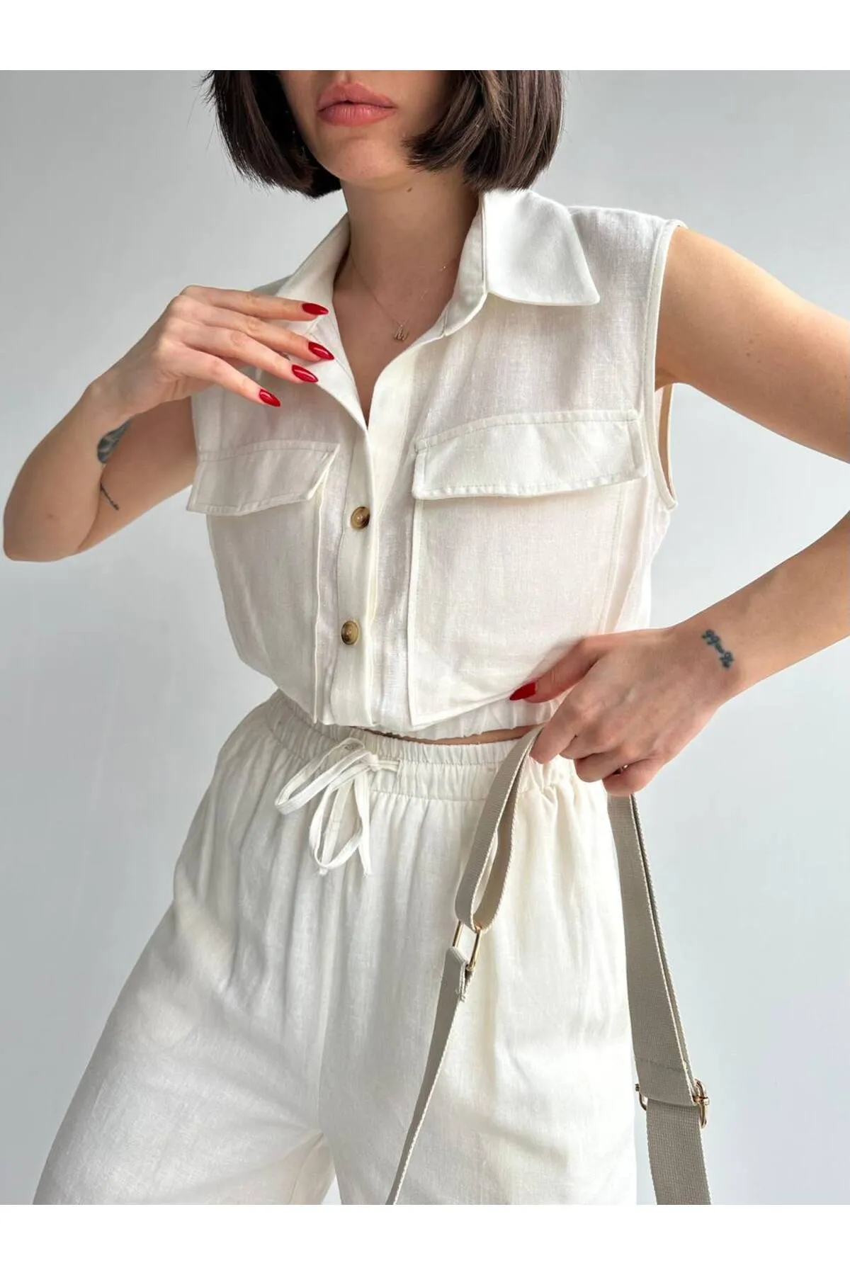 Laluvia  Ecrufarbenes Set aus Weste und Hose aus elastischem Leinen, 100 % Baumwolle