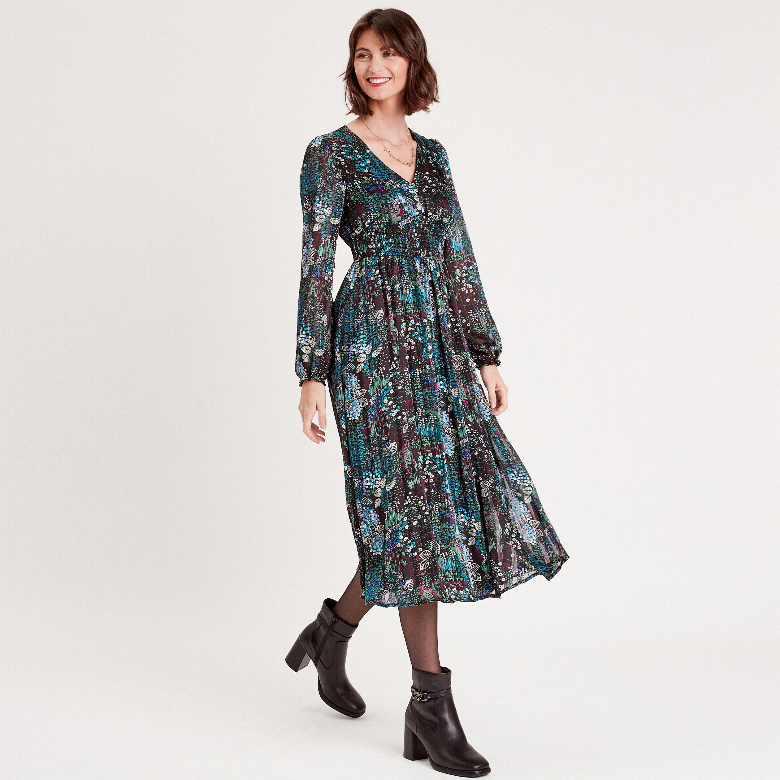 Robe longue évasée plissée noir femme | Cache Cache