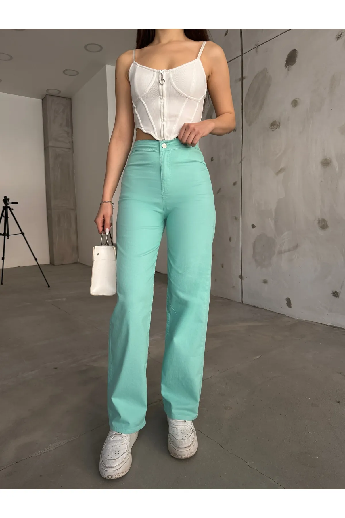 BİKELİFE  Mintgrüne Lycra-Palazzo-Hose mit hoher Taille für Damen