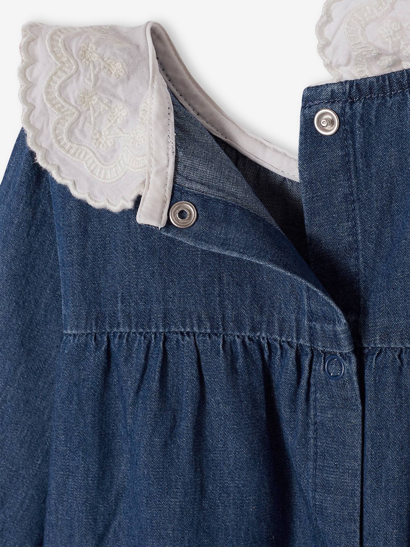 Robe en denim bébé col en voile brodé stone