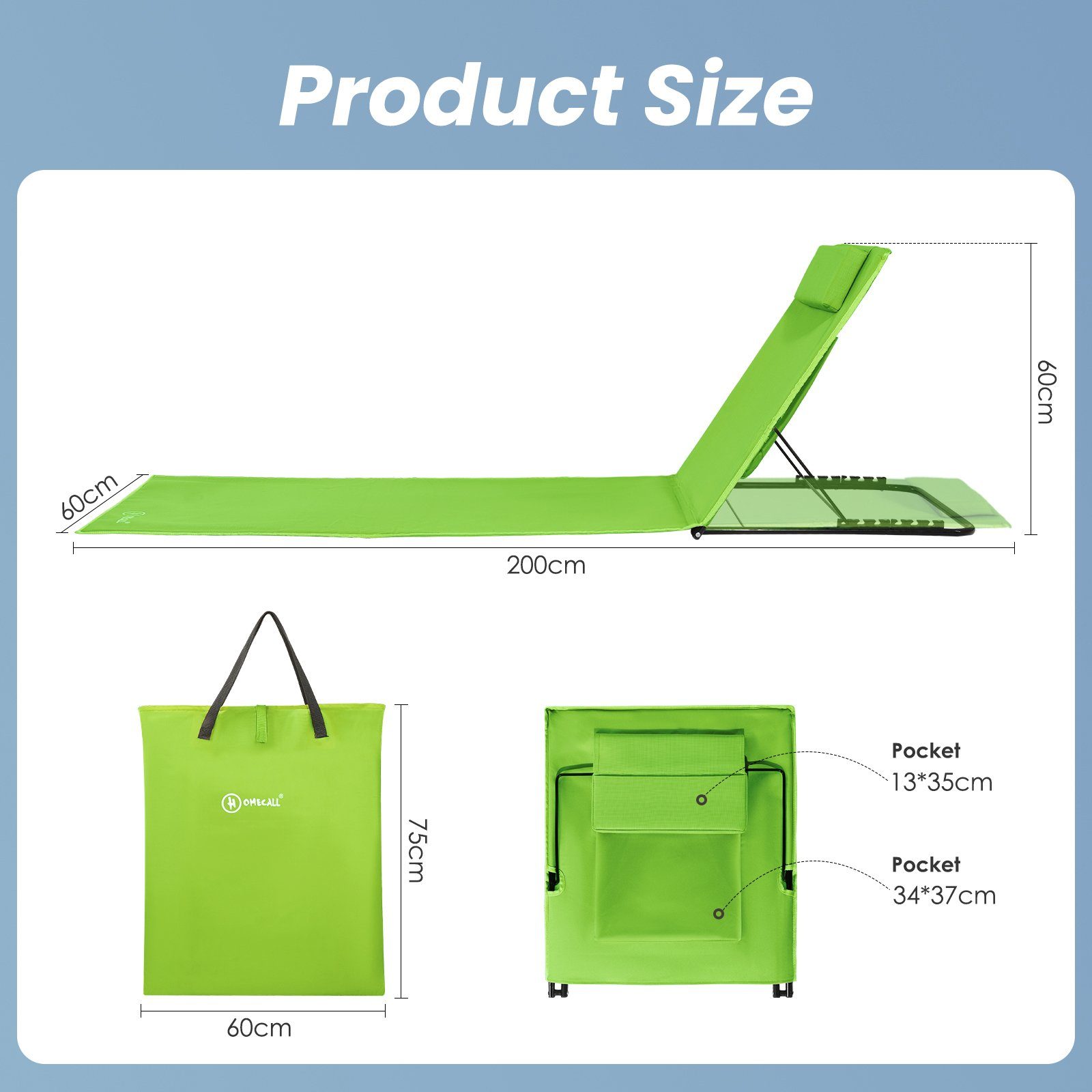 HOMECALL Strandtuch Strandmatte Liegestuhl Strandliege klappbar leicht, Gepolsterte Textilene, Schnell Trocknet, 6 fach verstellbarer, mit Tasche, 200x60cm