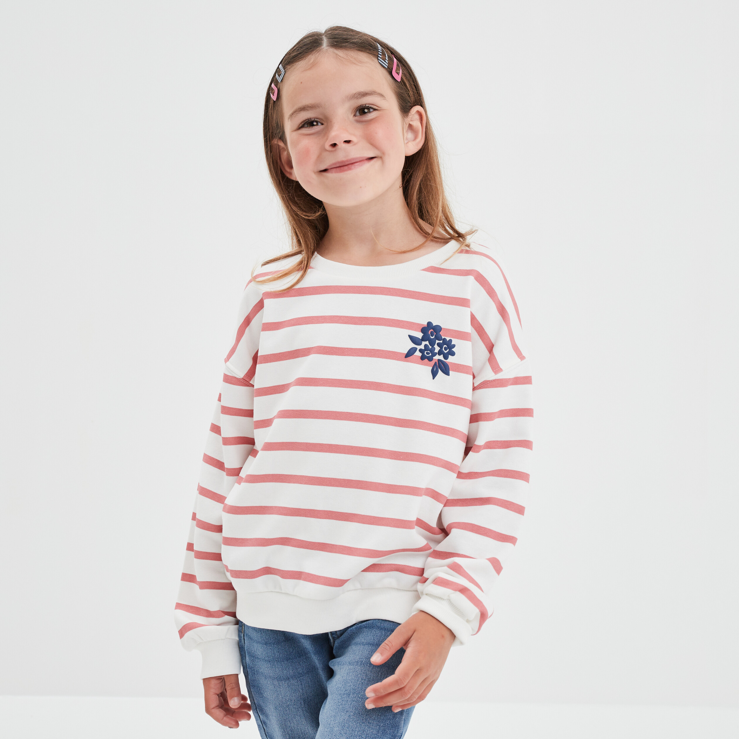 Sweat col rond manches longues blanc fille | La Halle
