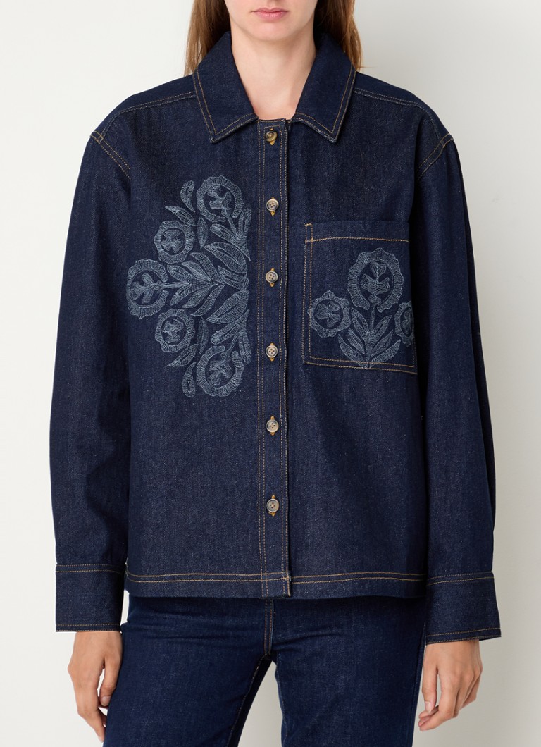 Giacca in denim batik anticato Eglantine con ricami floreali e tasche laterali