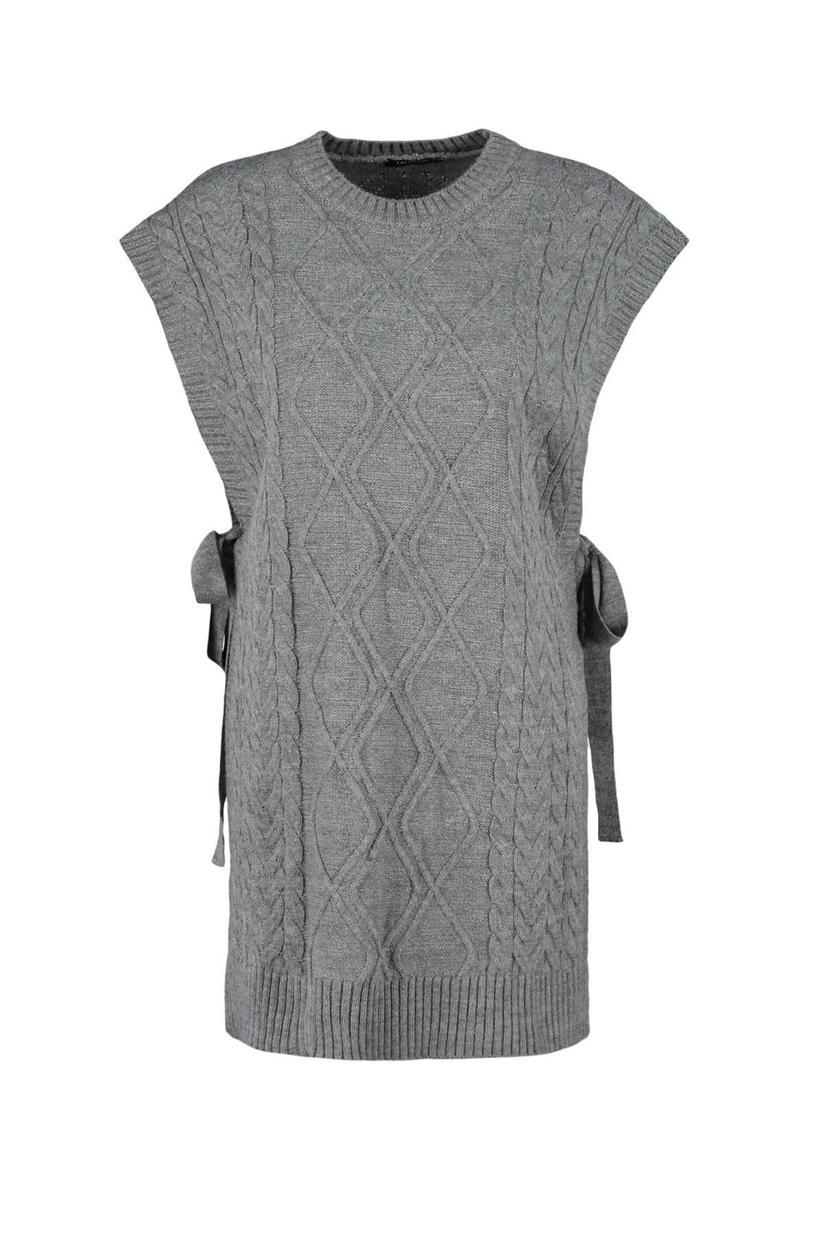 Trendyol Modest  Anthrazitfarbener geflochtener Strickpullover mit Schnürung an der Taille TCTAW22UV0018