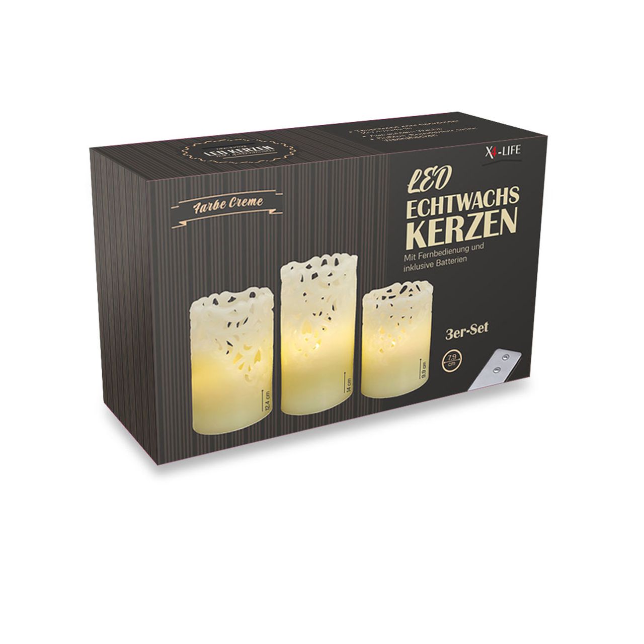 X4-Life X4-LIFE LED Echtwachskerzen mit Spitzenmuster 3er Set inkl. Fernbedienung