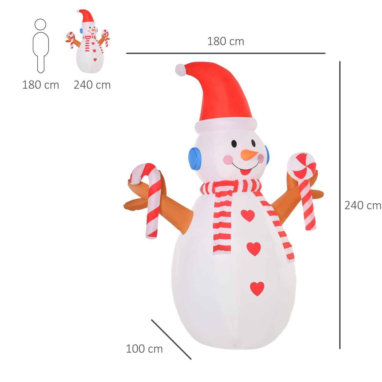 HOMCOM 2,4 m aufblasbarer Schneemann mit rotierender Beleuchtung Weihnachtsdeko für den Innen- und Außenbereich Garten Rasendekoration Party Weiß Rot 180 x 100 x 240 cm
