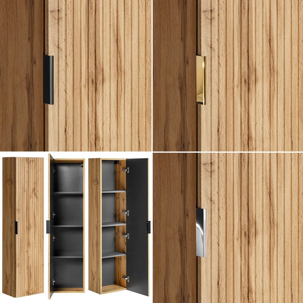 Lomadox Badmöbel-Set ADELAIDE-56, (4-St), Eiche Rillenoptik Spiegel Waschbeckenschrank Waschbecken Hochschränke