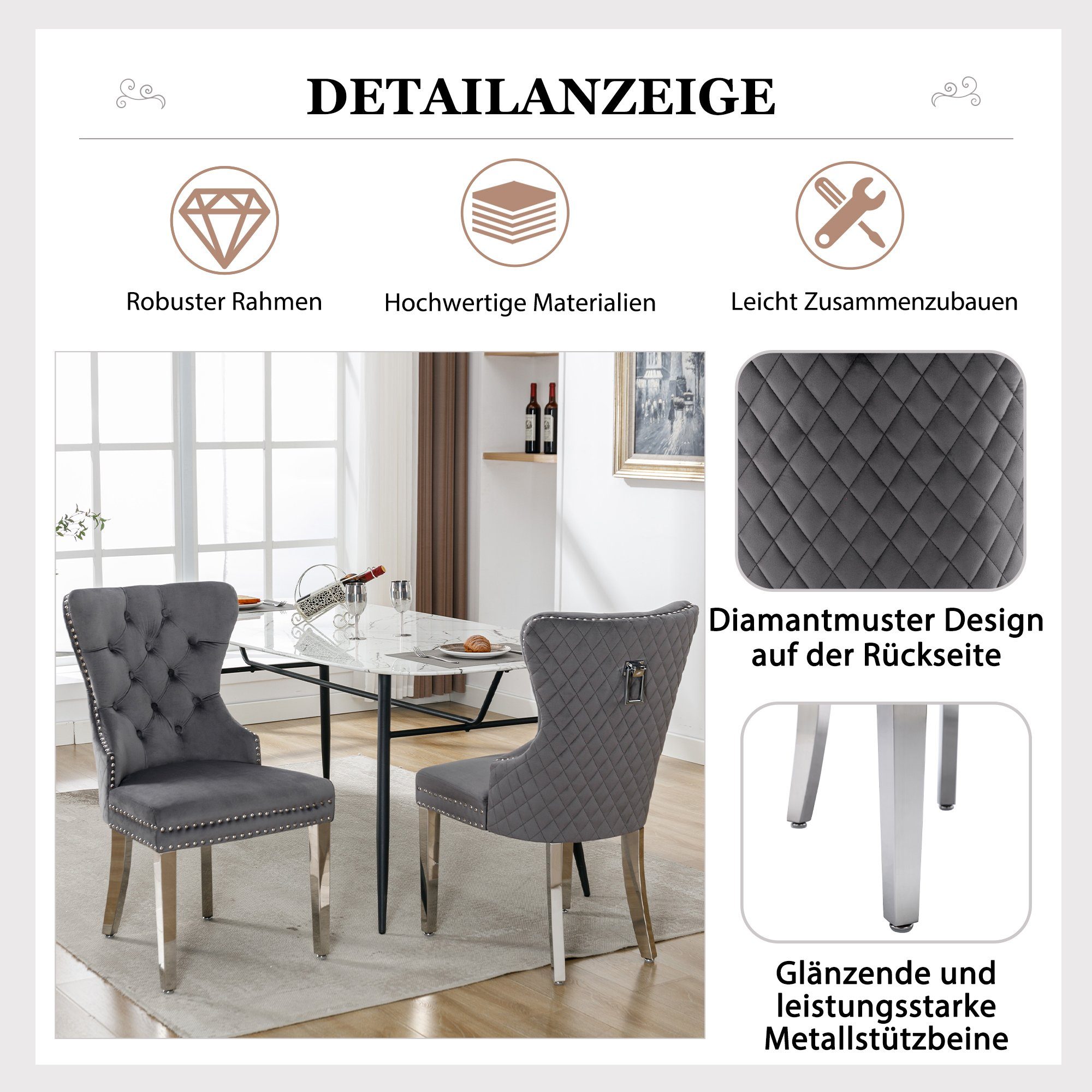Flieks Esszimmerstuhl (2 St), 2er Set Polsterstuhl Wohnzimmerstuhl Küchenstühle, Beine aus Edelstahl