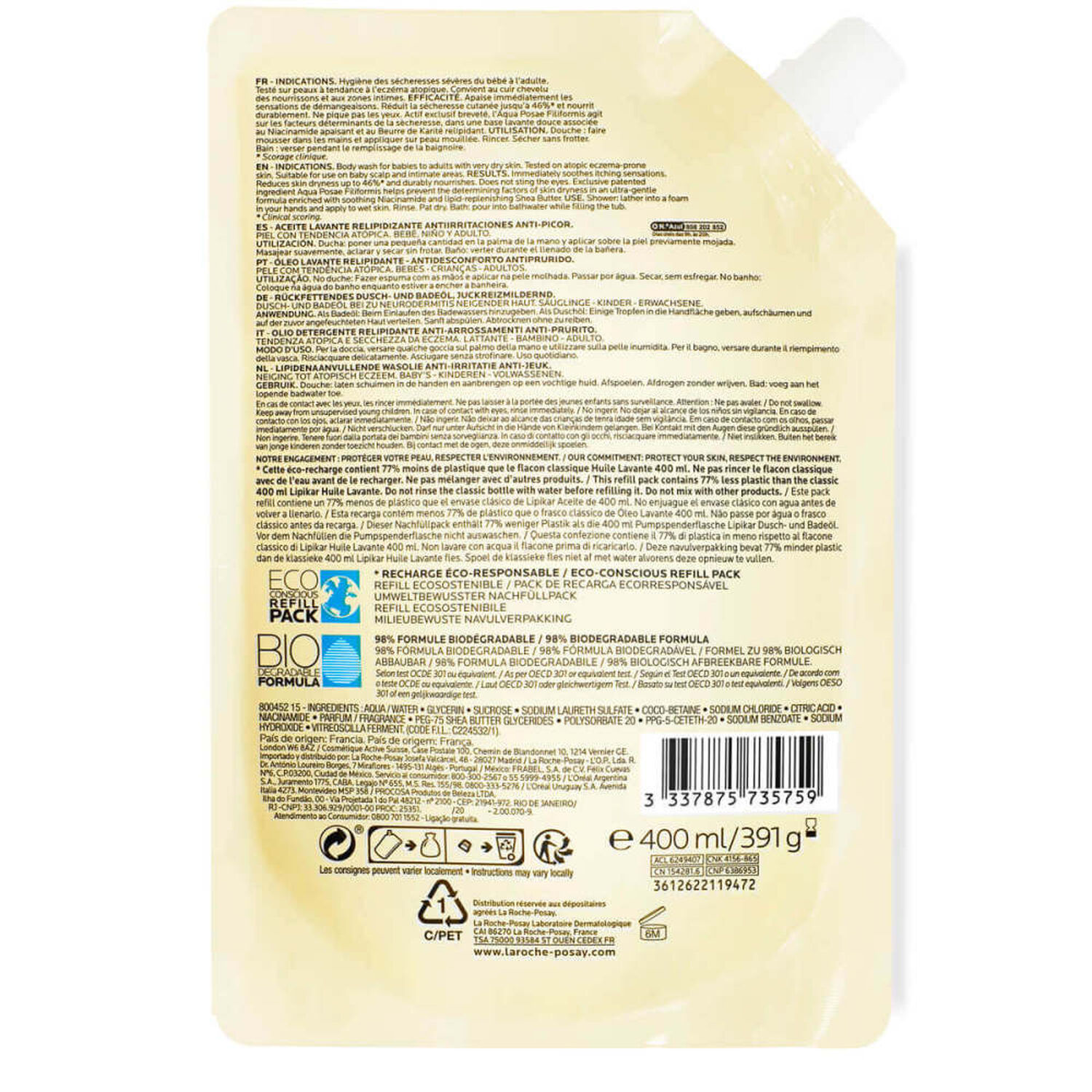 la roche-posay Lipikar Eco Recharge Huile Lavante AP+ 400 ml