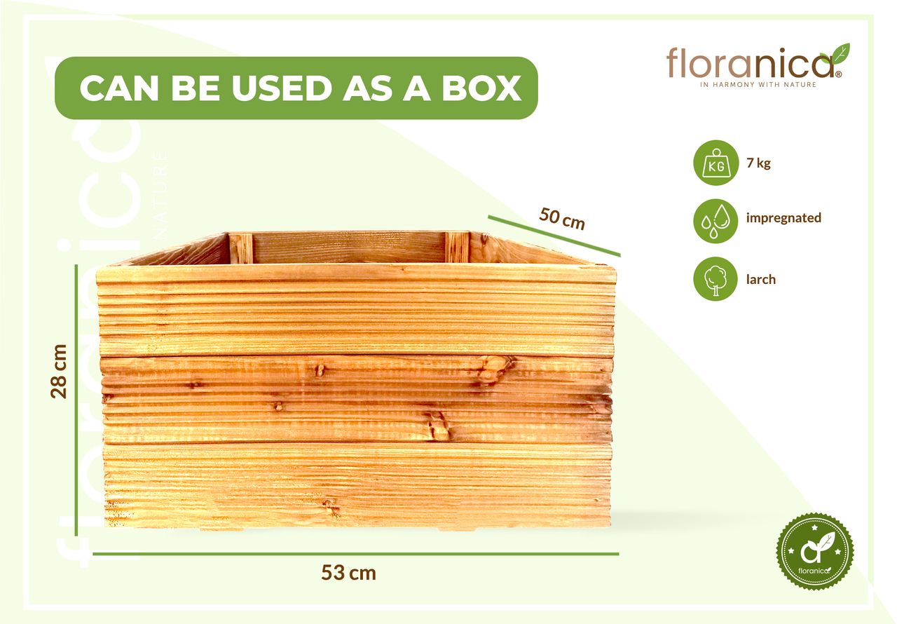 Pemicont Floranica Blumentopf aus Holz Kasten 50cm x 535cm x 285cm Natural Imprägnierte Lärche Gehäuse für Kräuter Blumen Haus- und Gartendekoration Innen- und Außenbereich EU-Produkt