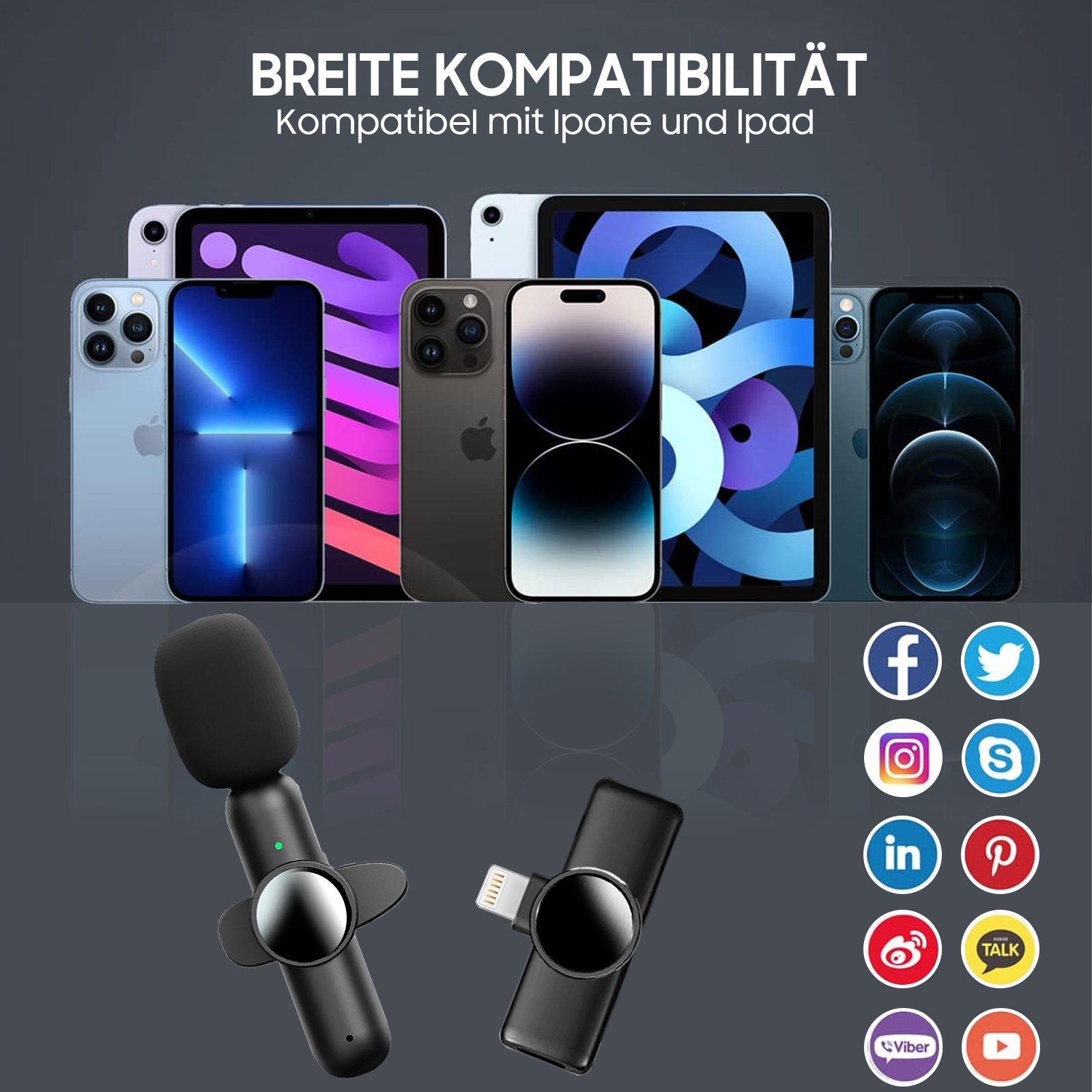 Aoucheni Mikrofon Kabelloses Lavalier Mikrofon für iPhone iPad Mackbook, (Set), Plug & Play für Vlog, TikTok, 2.4GHz, Akkulaufzeit 6 Stunden