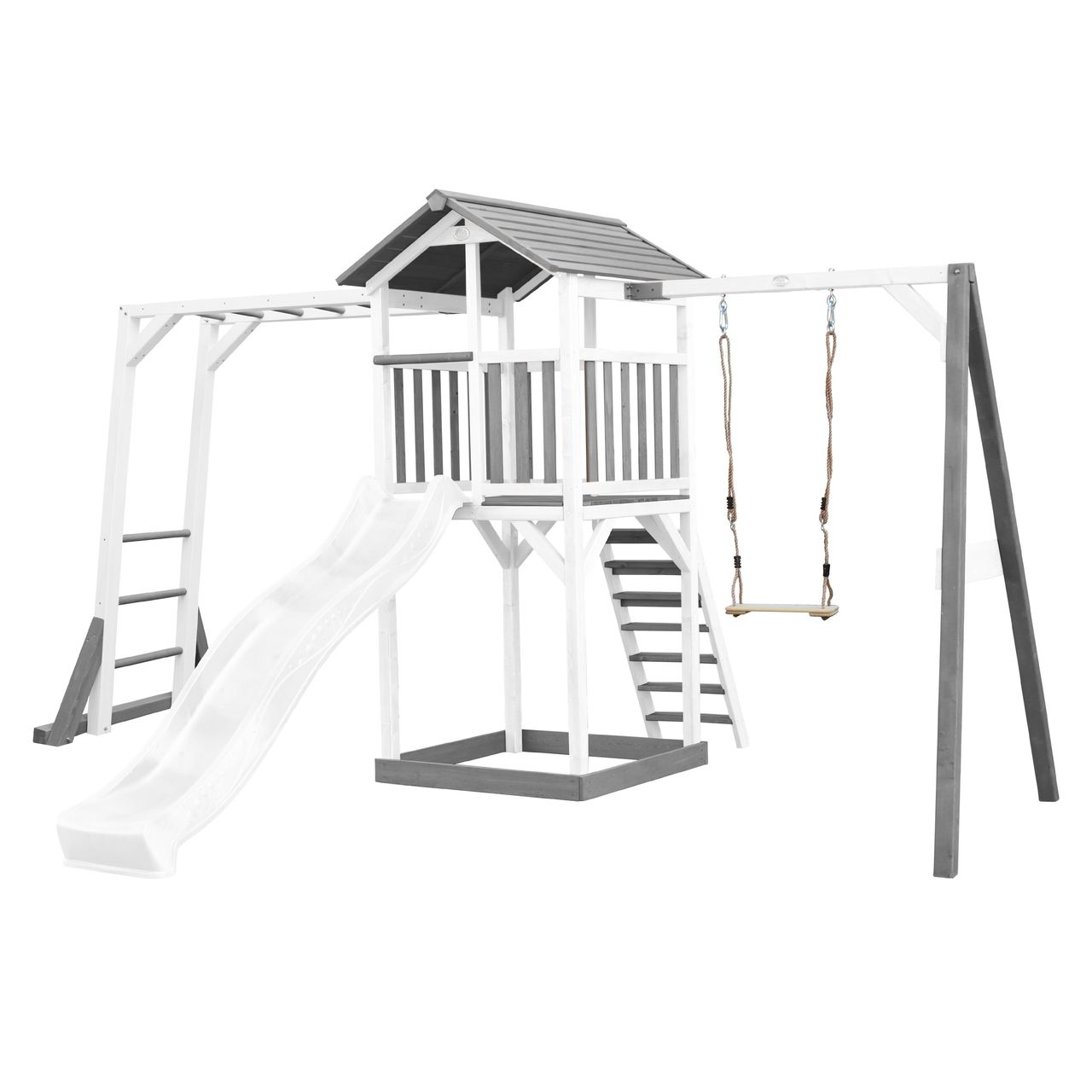 AXI Beach Tower Spielturm mit Klettergerüst und Einzelschaukel - Weiße Rutsche