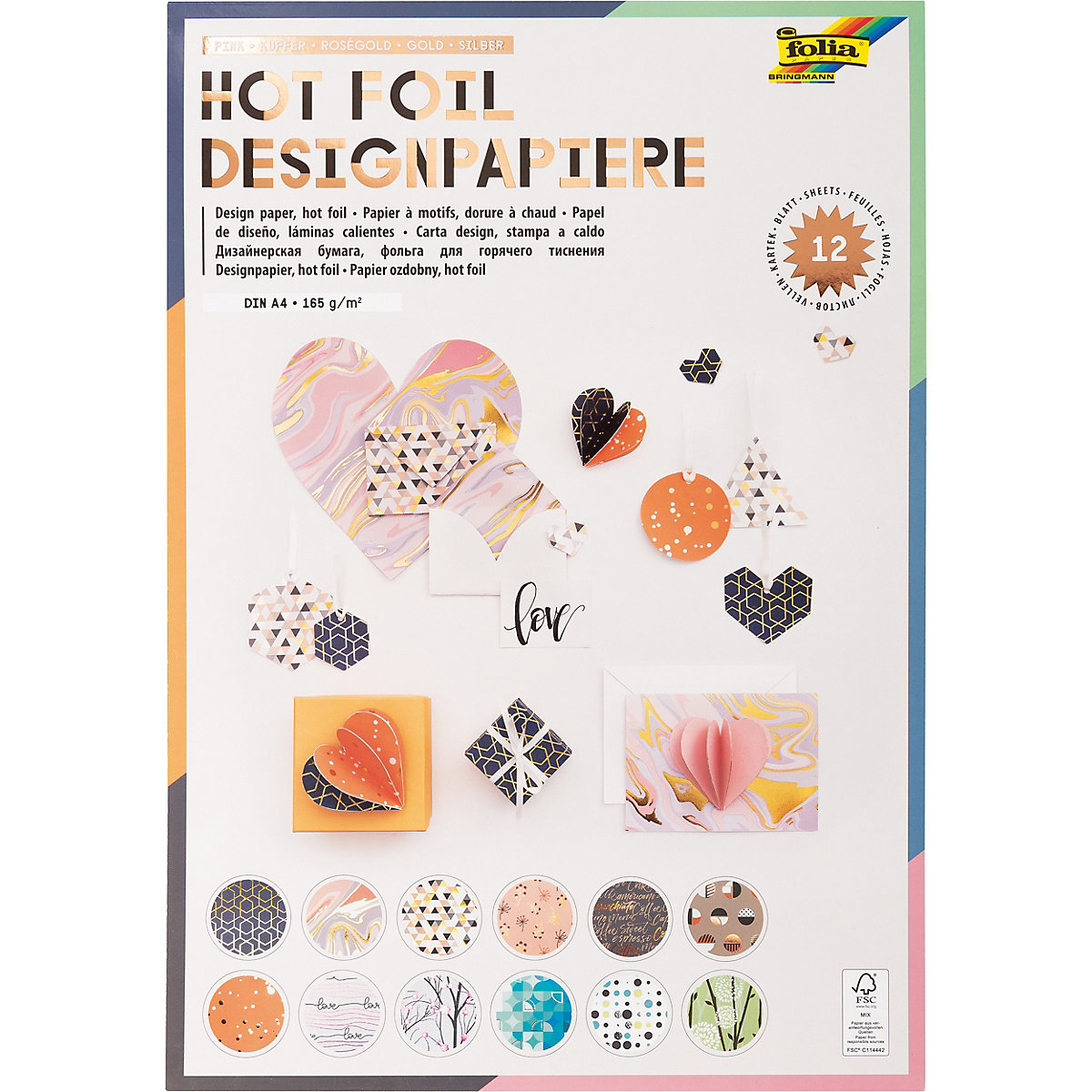 Designpapierblock HOTFOIL III 165g/m², DIN A4, 12 Blatt, 12 Motive sortiert