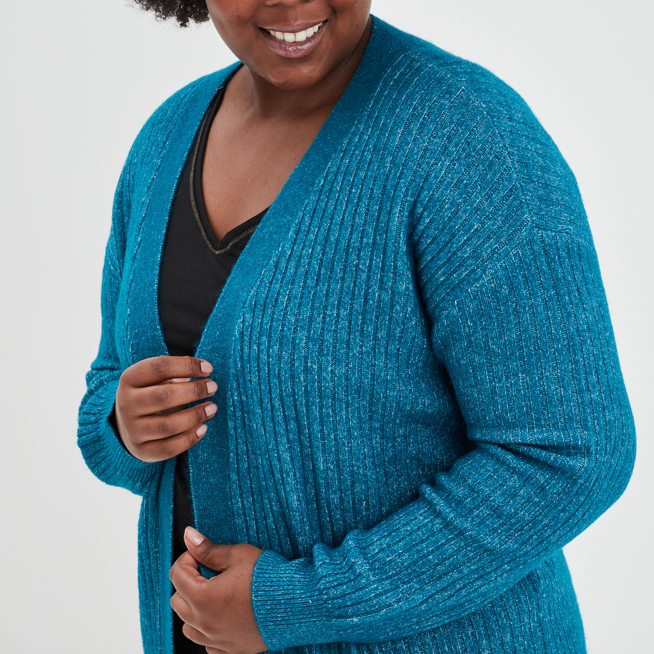 Gilet long côtelé col châle bleu canard femme grande taille | La Halle